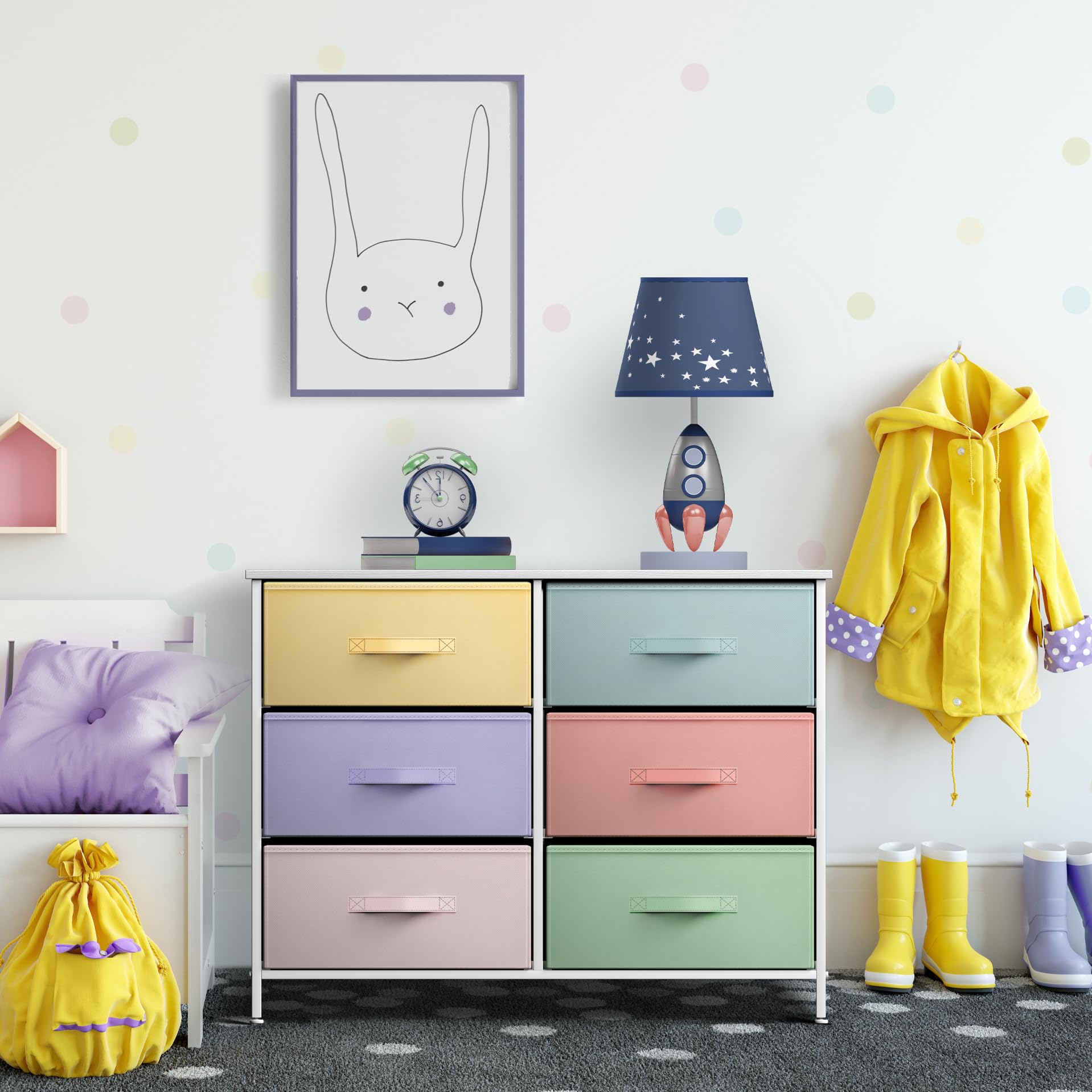 Sorbus 6-Drawer Dresser Organizer - Sturdy Steel Frame & Wood Top Storage Tower with Easy Pull Fabric Bins | Perfect for Bedroom, Hallway, Closet & Office Organization (Pastel/White) | Ideal for Small Space Storage & Home Decor