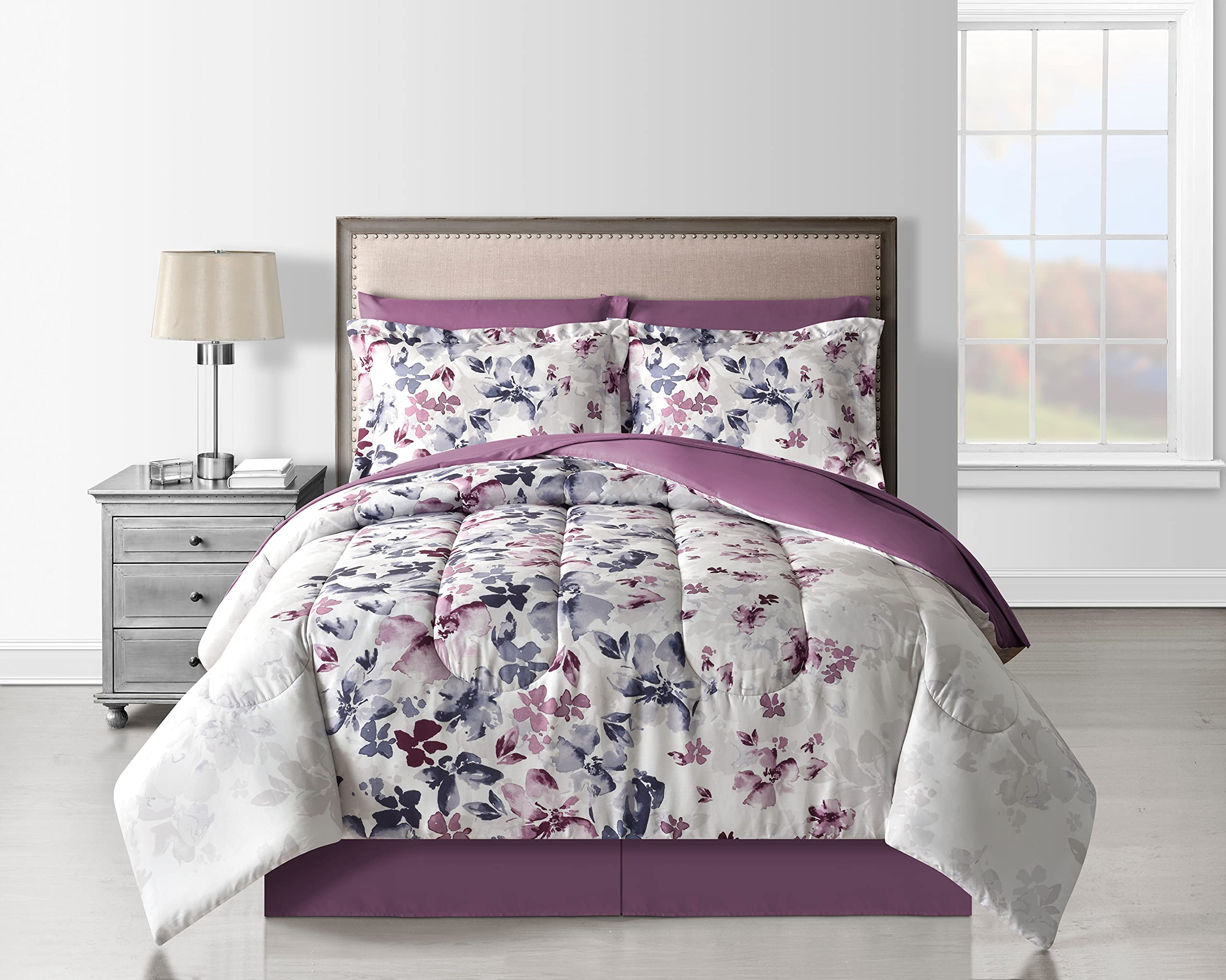 Monica 6-Piece Twin Size Bed-in-A-Bag Set - White & Lilac Floral Pattern Comforter, Sheet & Pillowcase Set for Girls Bedroom Decor