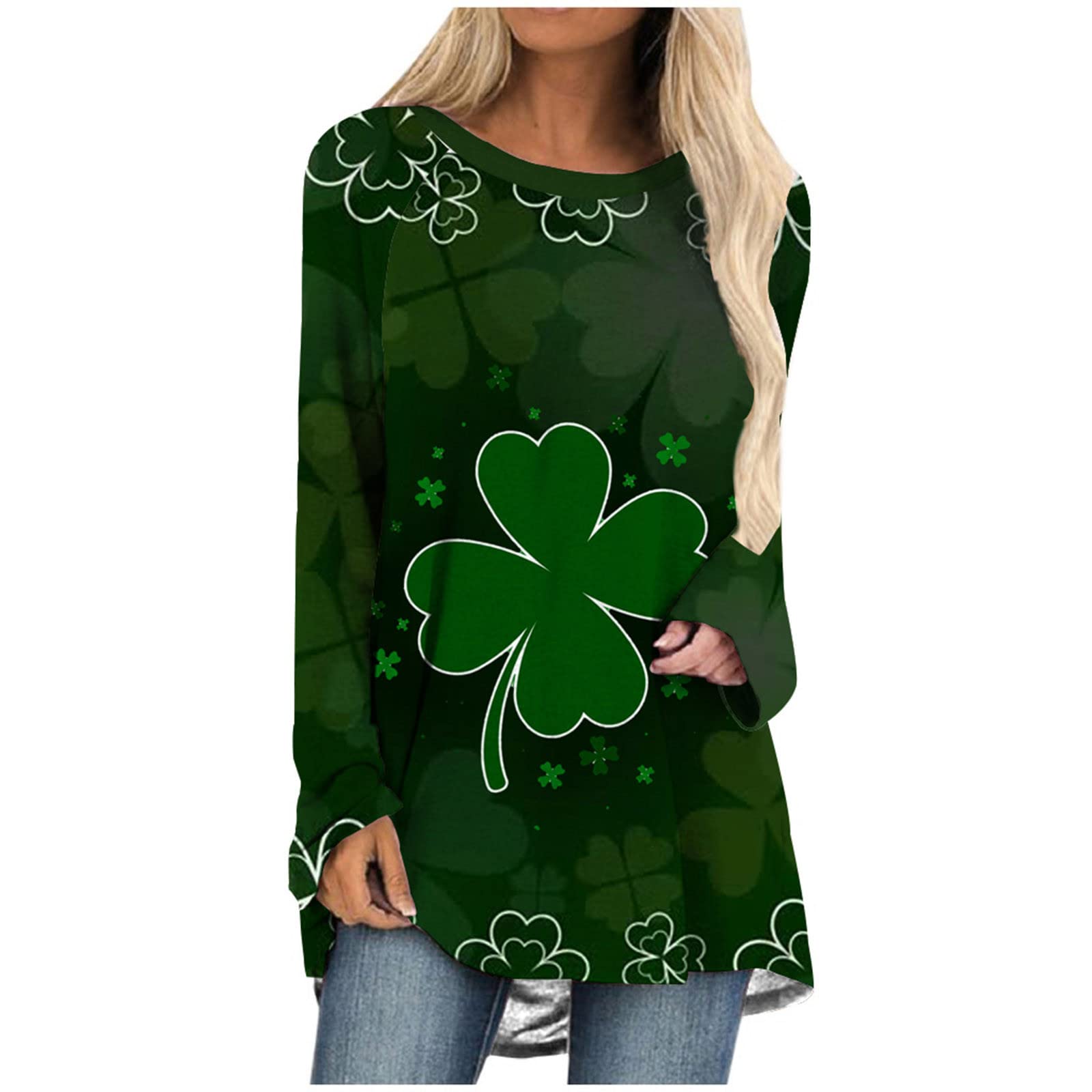 St. Patrick's Day Tunic for Women - Long Sleeve Green Blouse with Clover Print | Loose Boatneck Dressy Top | Perfect for Irish Festivals, Pub Crawls & Holiday Parties