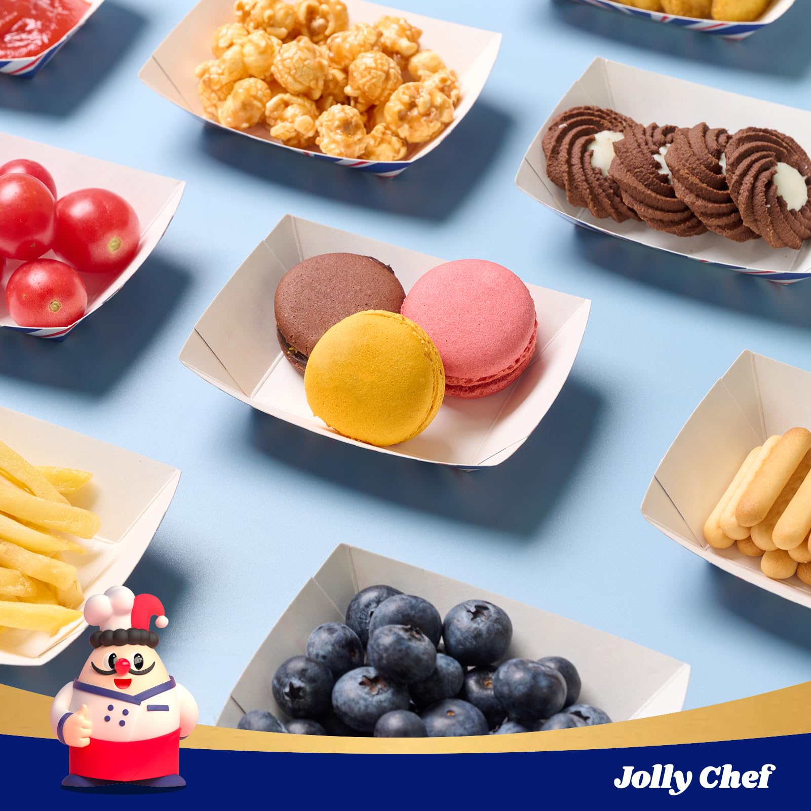 JOLLY CHEF 250 Pack 1/4 Lb Disposable Paper Food Trays - Mini Serving Boats for Snacks, Desserts, Tacos, Nachos - Perfect for Parties, Catering & Takeout