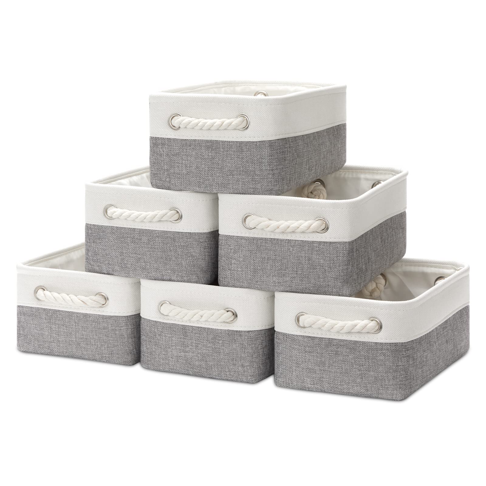Bidtakay 6-Pack Collapsible Storage Baskets with Handles - 11.8 x 7.8 x 5 Inch Small Fabric Organizer Bins for Shelves, Closet & Home Organization (White & Grey) | Perfect for Bedroom, Bathroom, Nursery & Office Storage Solutions