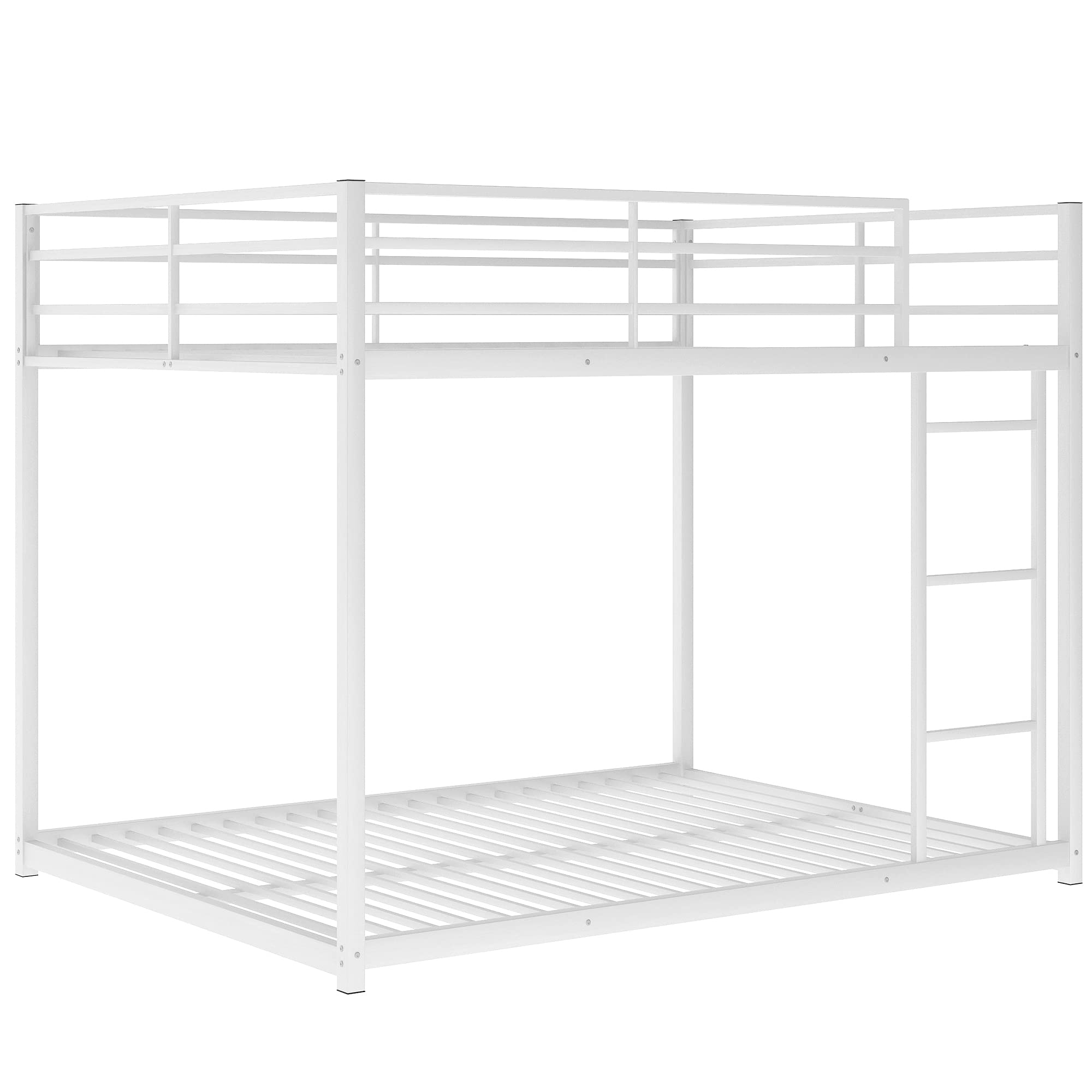 Full Over Full Metal Bunk Bed - Heavy Duty Low Profile Bunk Bed with Safety Guard Rails & Ladder for Kids, Teens & Adults - No Box Spring Required (Full Size, White Finish) - Perfect for Small Bedrooms, Dorms, Guest Rooms & Vacation Homes