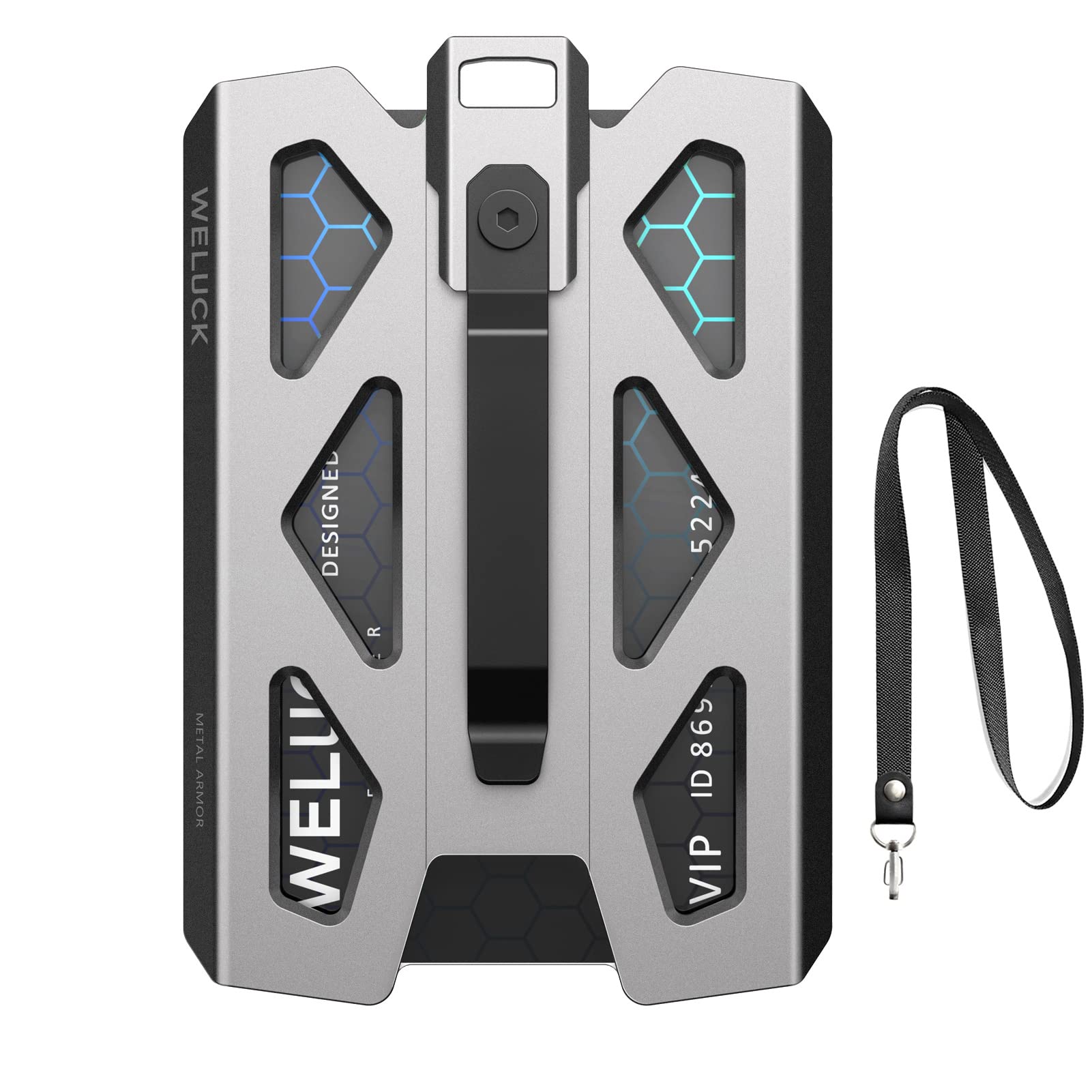 Weluck Durable Aluminum Badge Holder & Wallet - Metal Clip ID Card Holder with Lanyard, Stores 4 Cards (Grey) - Perfect for Work, Events, Conventions & Security Access