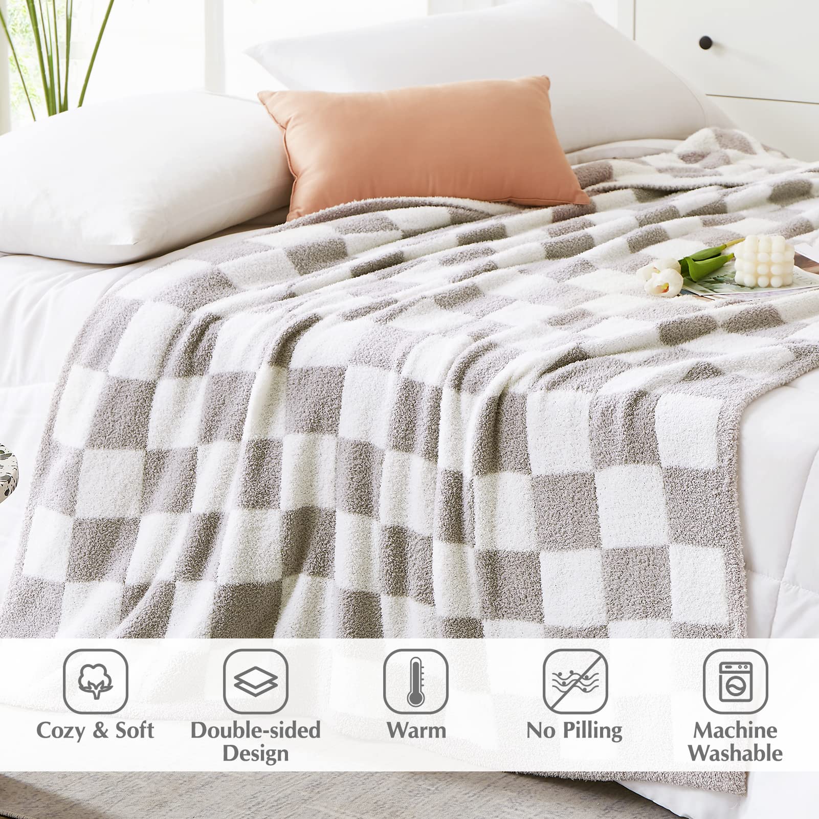 WRENSONGE Checkered Throw Blanket - Light Grey Soft Fluffy Warm Handmade Blanket for Couch, Sofa, Bed & Travel - 50x70 Inch Cozy Blanket for Home, Camping, Picnic & Gifts | Perfect for Snuggling, Decor & Outdoor Adventures