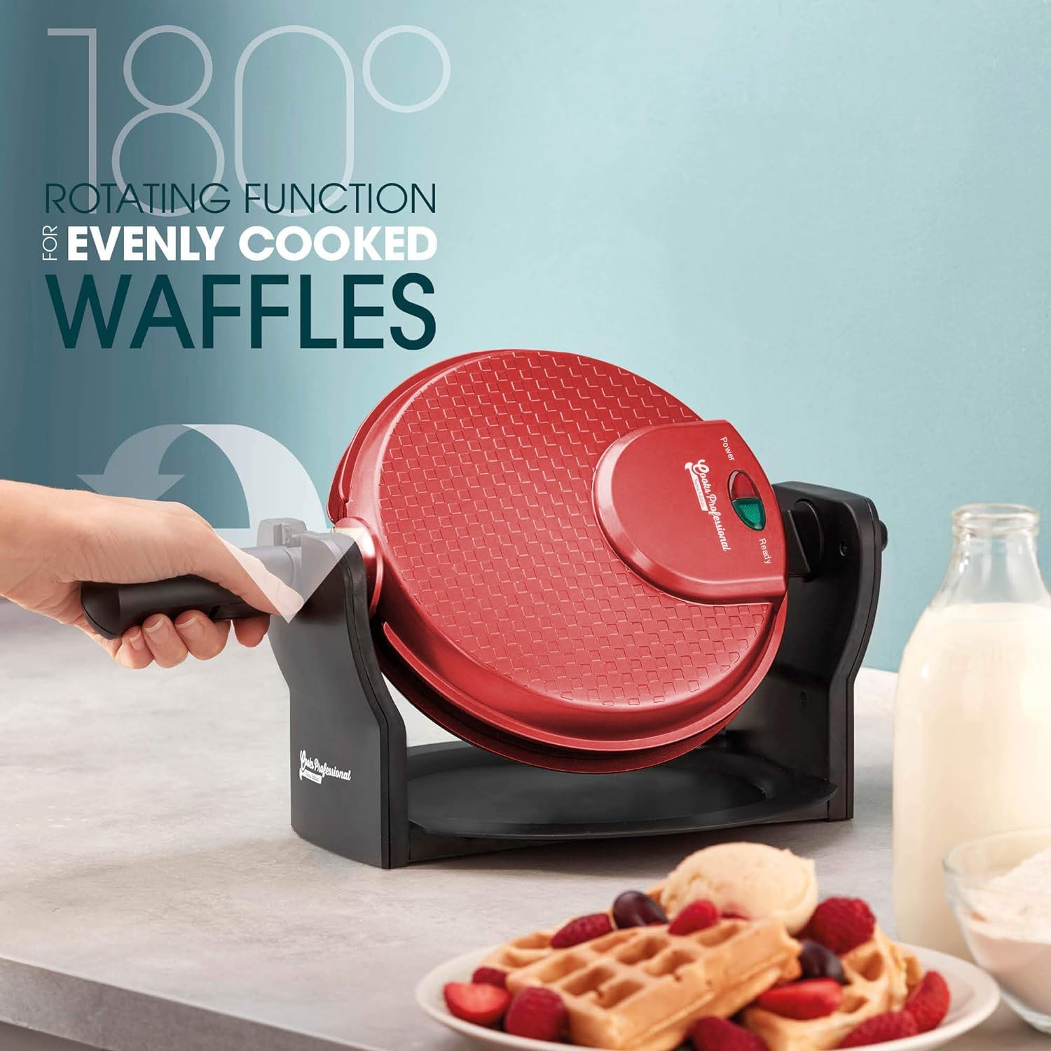 Professional Belgian Waffle Maker 920W - Rotary Electric Waffle Machine with Non-Stick Plates & Easy Clean - Perfect for Breakfast, Brunch, and Family Gatherings - Red