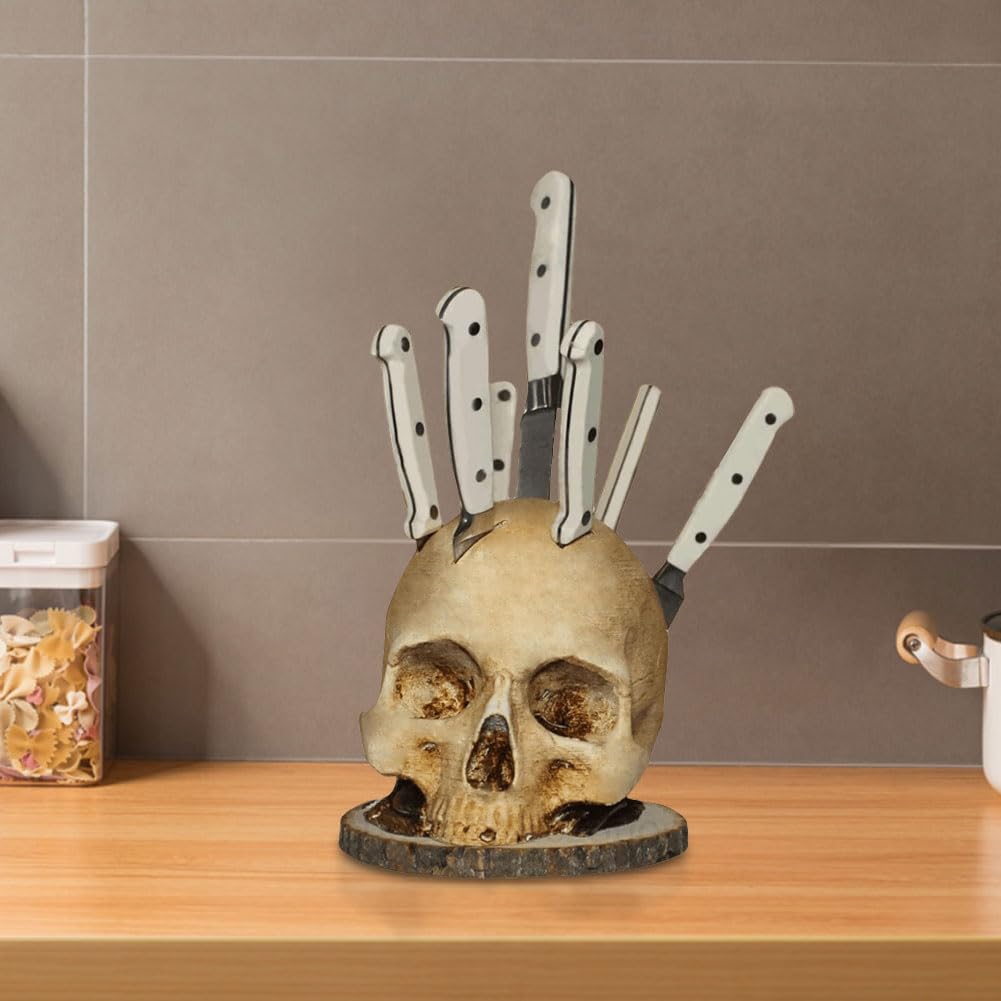 Gothic Skull Knife Holder for Kitchen - Resin Horror Storage Head Knife Rack with Skeleton Design - Perfect for Halloween Decor, Scary Party Accessories & Fruit Knife Stand - Ideal for Gothic Kitchen Storage & Themed Home Decor