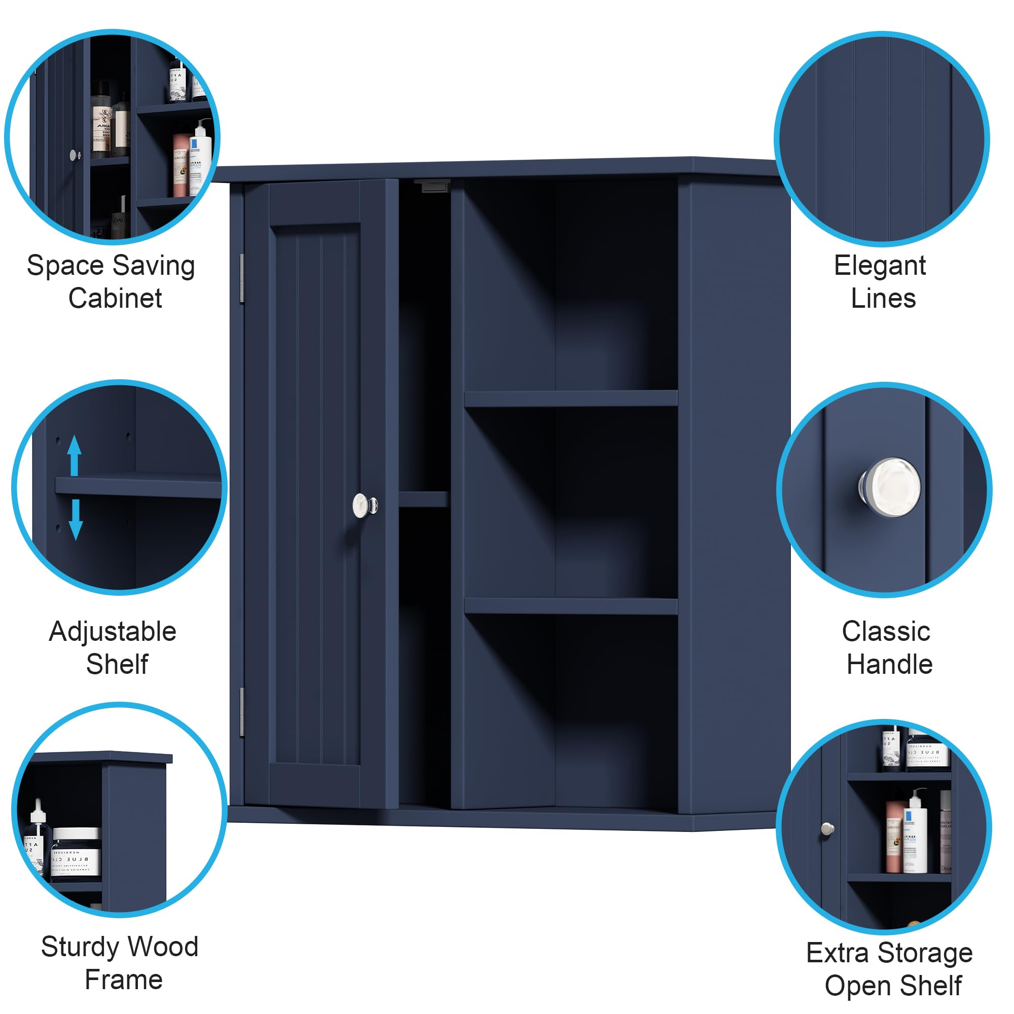 Treocho Wall Mounted Bathroom Medicine Cabinet with Door & 3 Open Shelves - Bathroom Storage Organizer for Toiletries, Kitchen Spices & Living Room Decor (Blue) - Perfect for Small Space Organization & Home Décor