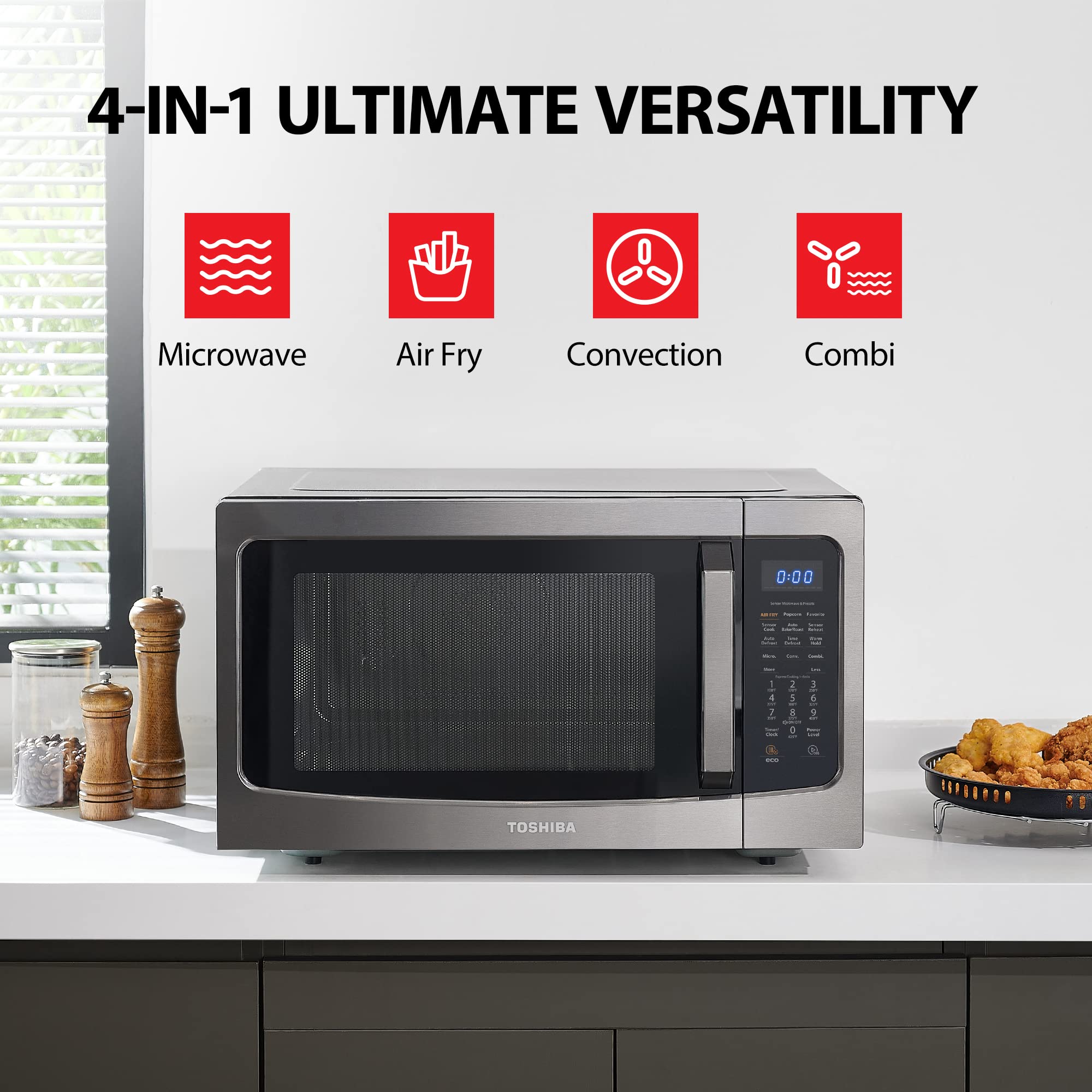 Toshiba 4-in-1 Air Fryer Microwave Oven Combo - 1.5 Cu Ft Countertop Convection Oven with Smart Sensor, Mute Function & 13.6