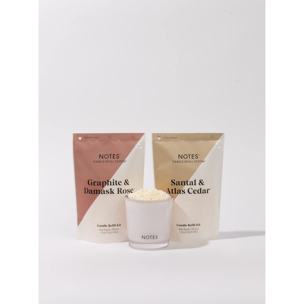 NOTES Sustainable Candle Starter Kit - Smokey Woody Duo | Refillable & Reusable Soy Wax Candles | Natural Wooden Scented Candles | Graphite & Damask Rose + Santal & Atlas Cedar | Eco-Friendly Home Decor | Perfect for Relaxation, Meditation & Romantic Ambience