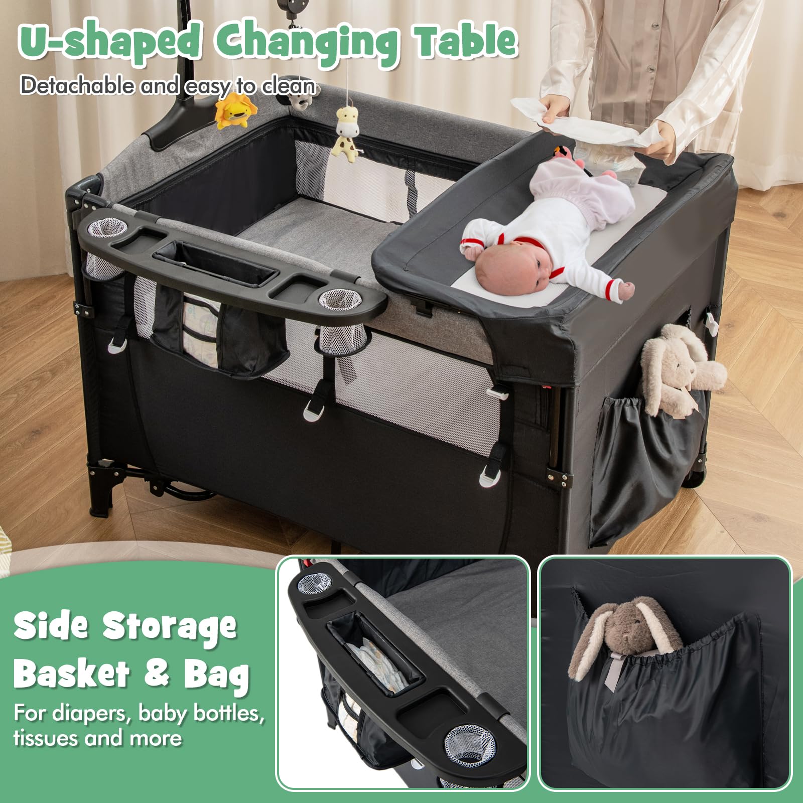 HONEY JOY 6-in-1 Baby Bedside Sleeper & Play Yard with Bassinet, Diaper Changing Table, Zippered Door, 4 Adjustable Heights, Music Box & Storage Bag - Portable for Travel & Home Use (Black) - Perfect for Nursery, Bedroom & On-the-Go Parents