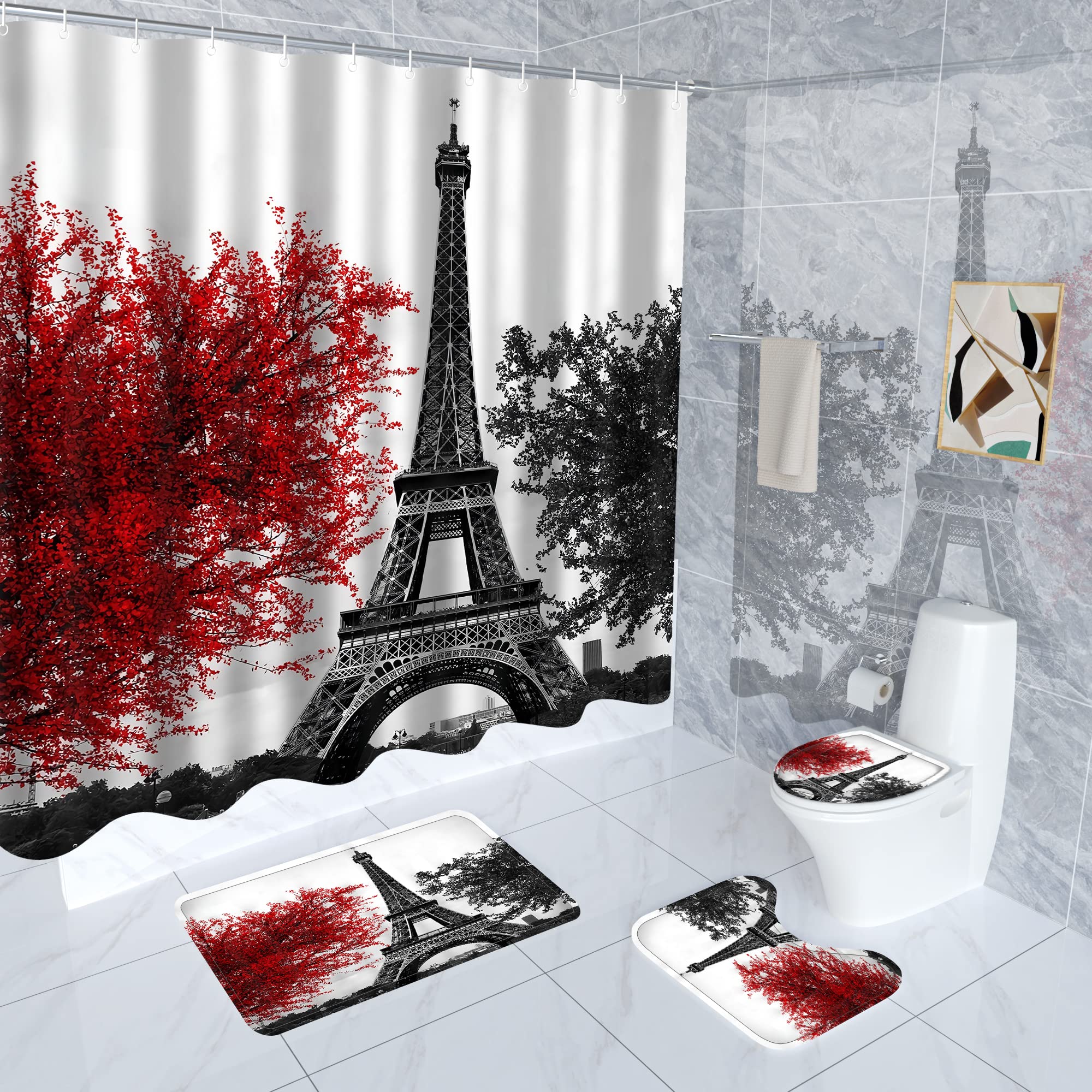 4Pcs Paris Themed Bathroom Decor Set - Red Eiffel Tower Shower Curtain, Non-Slip Bath Mat & Coordinating Accessories | French Inspired Bathroom Decor for Home, Apartment, Hotel (Perfect Gift for Paris Lovers)