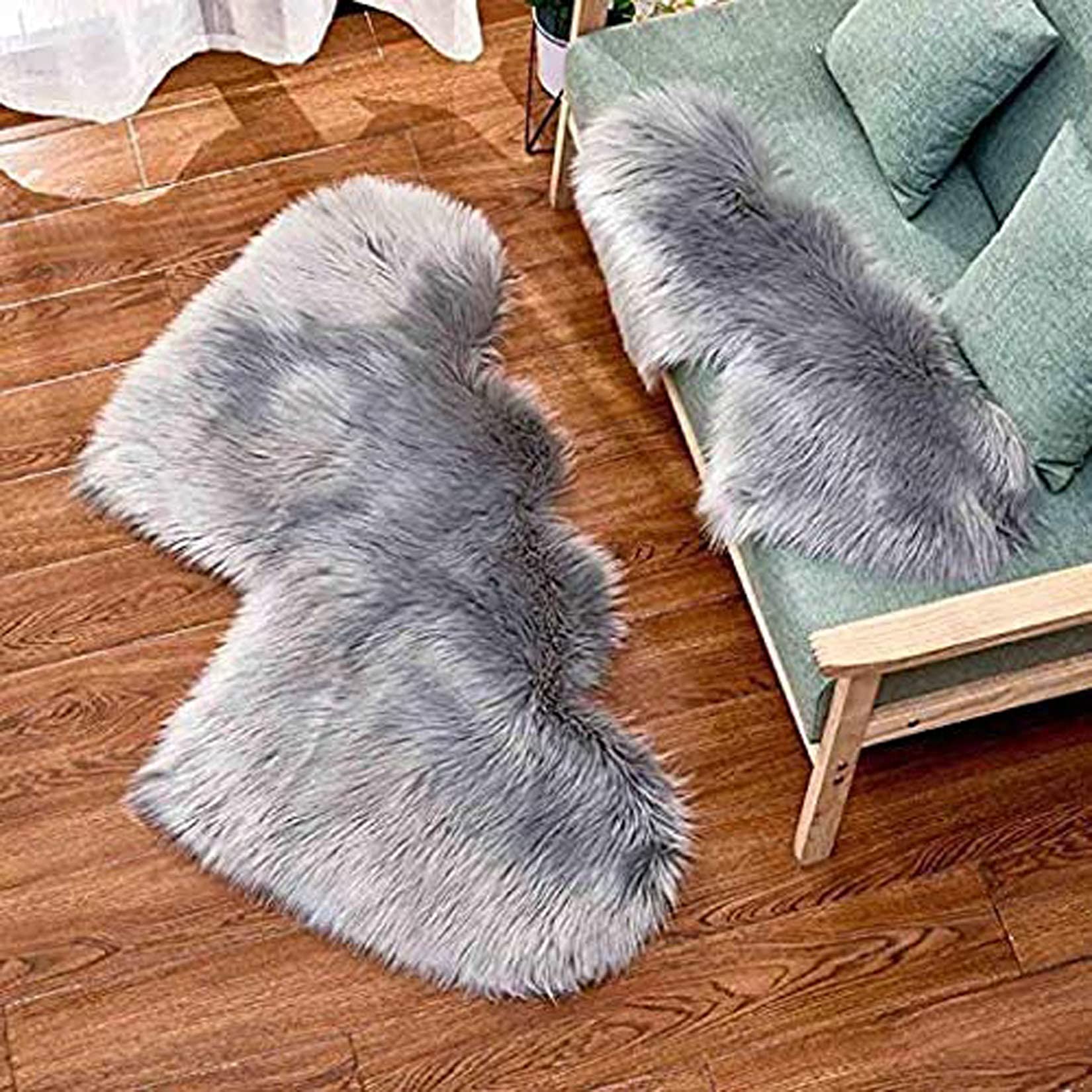 Modern Fluffy Faux Fur Area Rug - 2'x4' Anti-Skid Double Heart Shaped Plush Carpet for Kids Bedroom, Nursery & Playroom - Soft Shaggy Fuzzy Rug (Grey, 35x70cm/14
