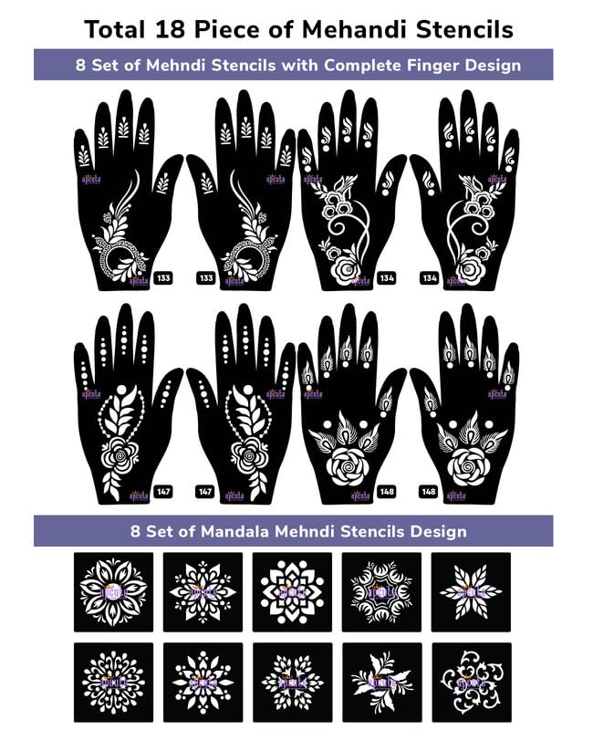 APCUTE 18-Piece Combo Pack Henna Tattoo Stencils - Easy DIY Mehndi Design Stickers for Women, Girls & Kids (Includes 18 Unique Patterns: 133, 134, 147, 148) - Perfect for Weddings, Festivals & Body Art Parties