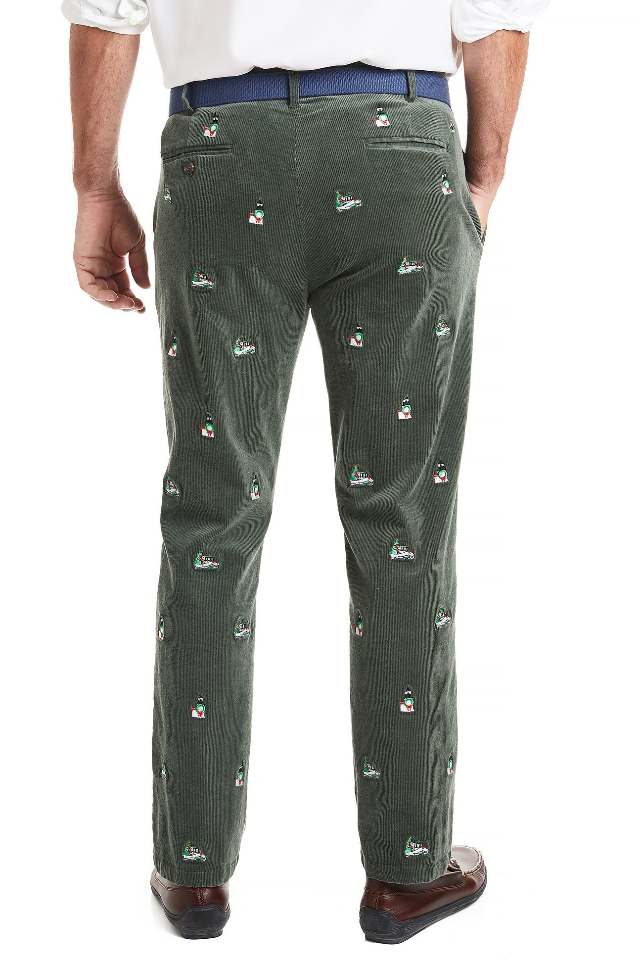 Beachcomber Corduroy Pants for Women - Olive Green Casual Trousers with Santa Boat & Lighthouse Print | Perfect for Beach Outings, Fall Fashion, and Holiday Gatherings