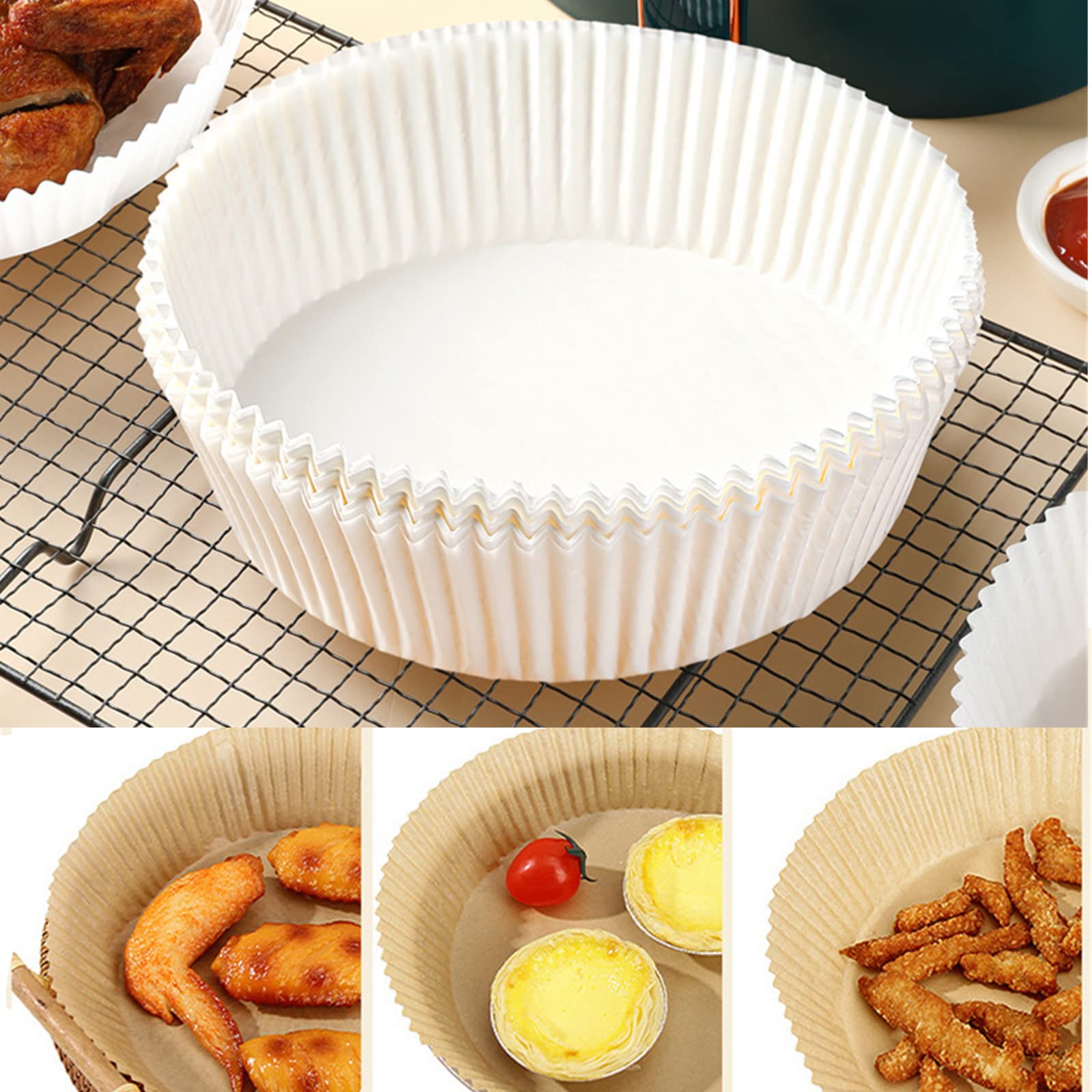 50 PCS 6.3/8 Inch Air Fryer Disposable Paper Liners with Oil Spray Bottle Set - Non-Stick Baking Sheets for Healthy Cooking, Perfect for Air Fryers, Ovens & Meal Prep (White, 8 Inch)
