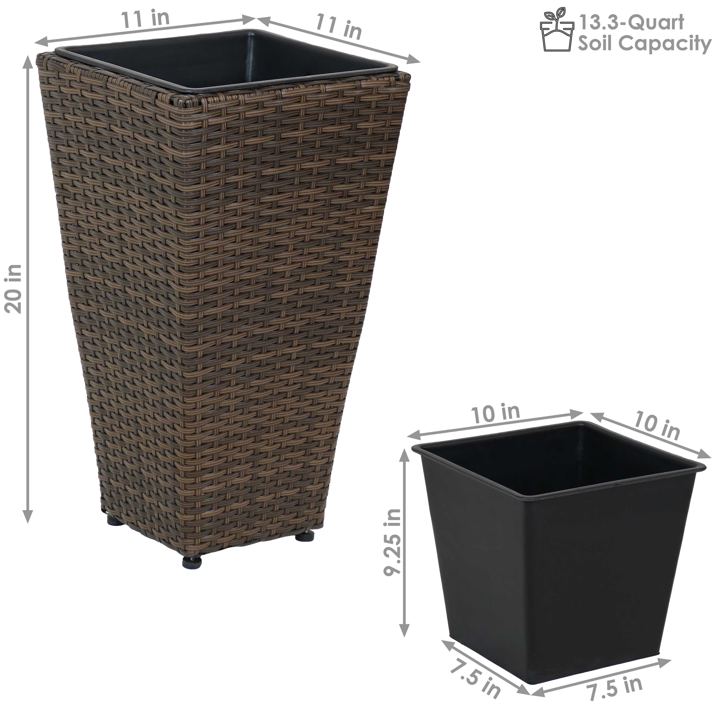 Sunnydaze 2-Piece Set of Brown Square Tall Wicker Planters - Durable Poly Rattan Outdoor Garden Decor for Patio, Balcony & Backyard Landscaping