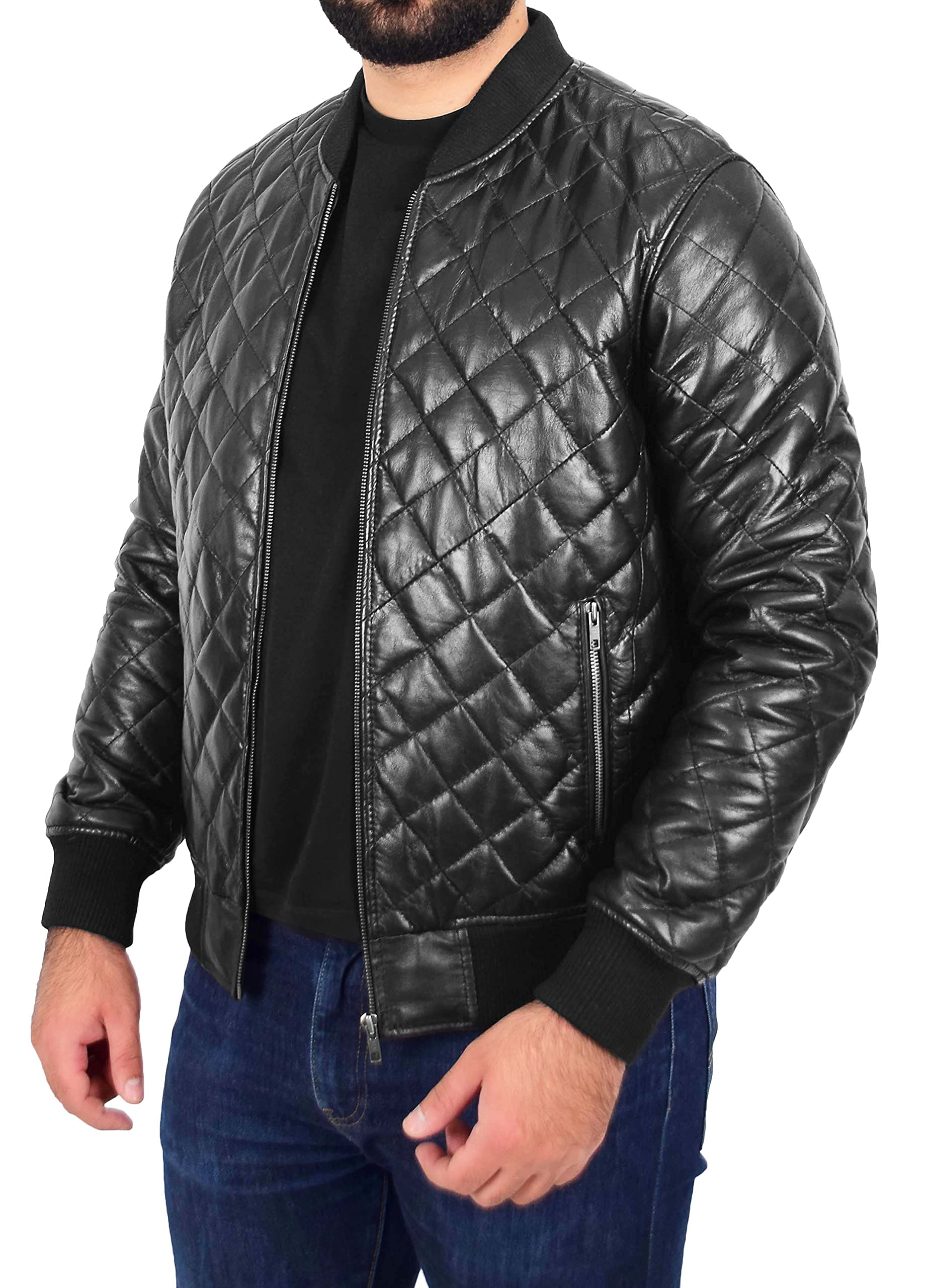 Men's Black Bomber Leather Jacket - Soft Quilted Padded Fitted Varsity Style - Perfect for Casual Wear, Motorcycle Riding & Night Out