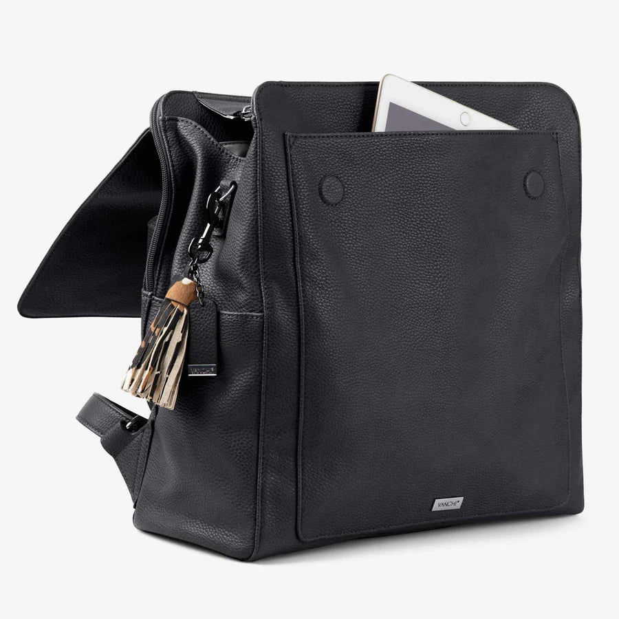 Vanchi Vegan Leather Emmy Backpack Diaper Bag - Stylish & Spacious Black Baby Bag for Moms - Perfect for Travel, Shopping & Daily Use