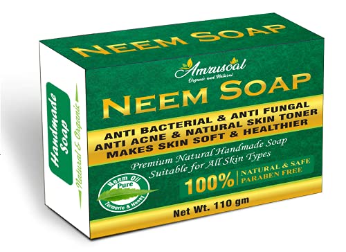 AMRUSOAL Neem Soap - 100% Natural Handmade Anti Acne, Anti Fungal & Antibacterial Bar Soap for Face & Body (110g) | Gentle Cleansing for All Skin Types | Perfect for Daily Skincare, Eczema & Acne-Prone Skin