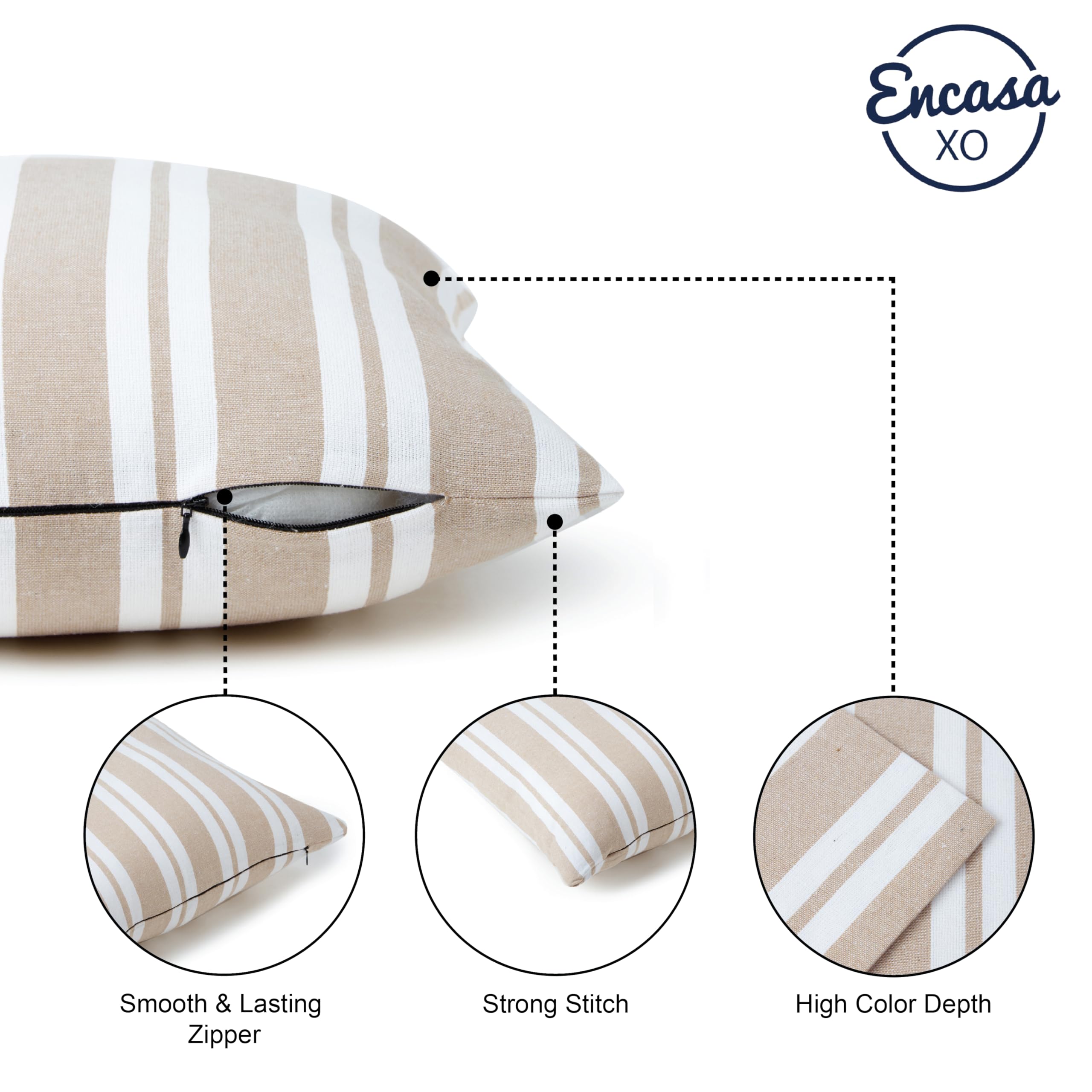 Encasa XO Farmhouse Throw Pillow Covers Set of 2 (12x20 Inches) - Franca Beige Striped Decorative Cushion Covers No Inserts | Plaid & Striped Sofa Pillow Covers for Living Room, Couch, Bedroom & Home Decor | Cozy Farmhouse Style Accent Pillows