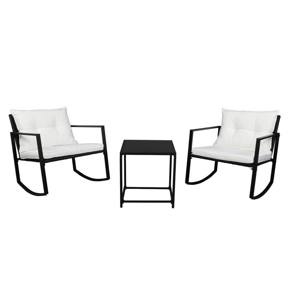 3-Piece PE Rattan Patio Furniture Set - Outdoor Wicker Chairs with Coffee Table for Balcony, Backyard, Garden & Indoor Use - Black Conversation Set Includes Rocking Chair + 2 Side Tables - Perfect for Relaxing, Entertaining & Outdoor Dining