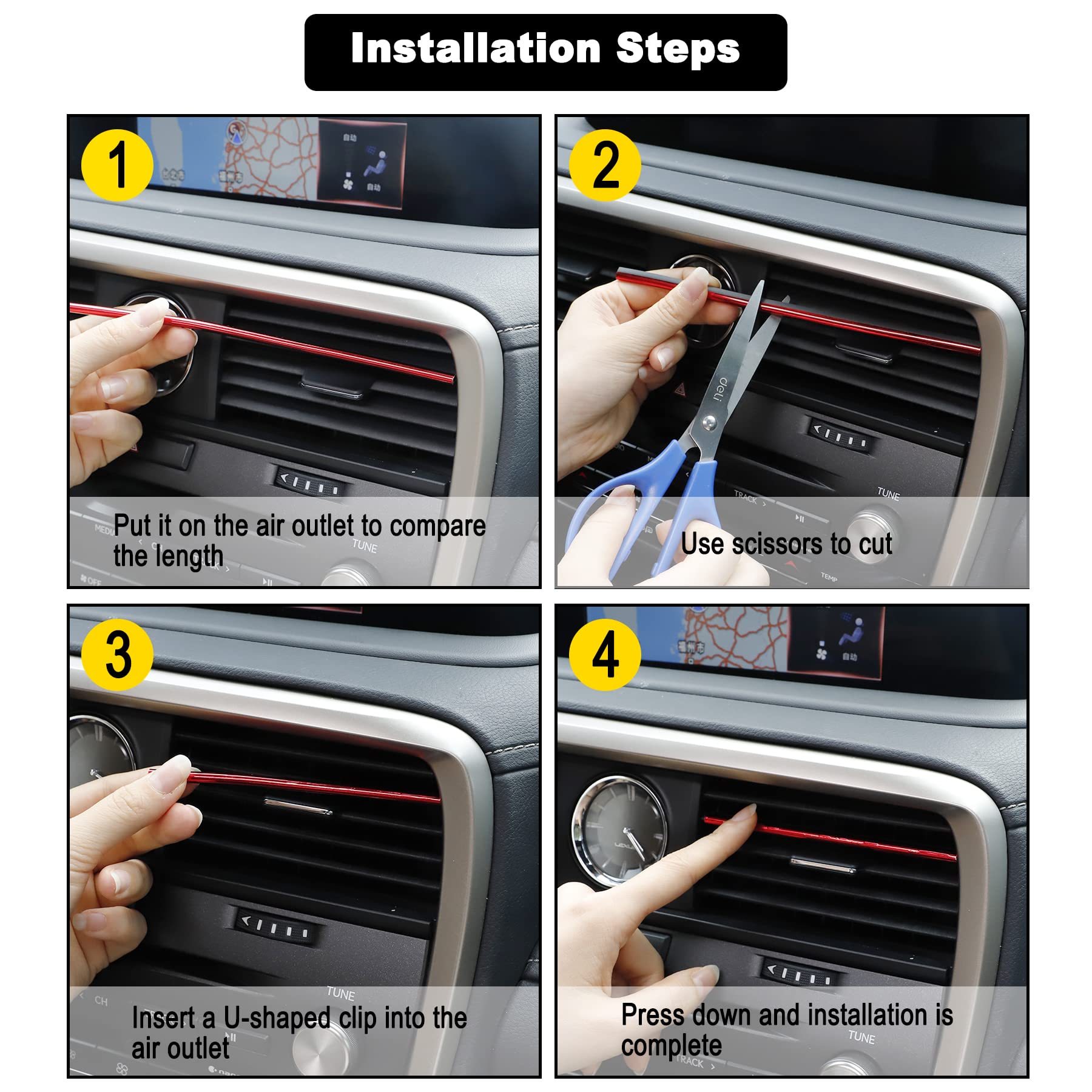 20PCS Universal Car Air Vent Decorative Strips - Waterproof & Bendable AC Vent Outlet Trim for Most Vehicles - Red Interior Accessories - Perfect for Car Customization & Dashboard Decoration