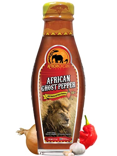 African Ghost Pepper Hot Sauce by African Dream Foods - All Natural, Spicy & Vegan | 5 fl oz Bottle | Perfect for Wings, Tacos, Pizza & Cooking