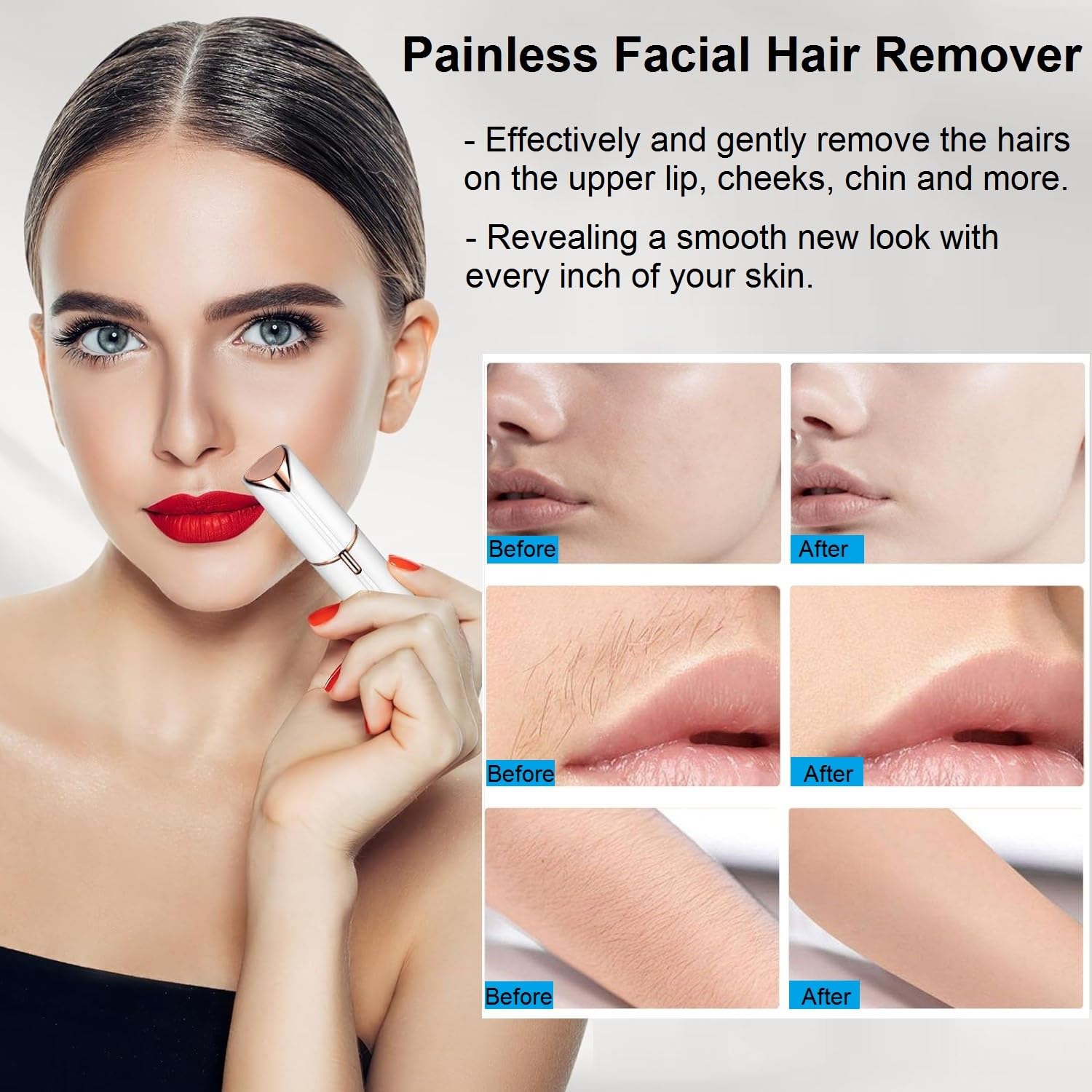 Painless Electric Facial Hair Remover for Women - Rechargeable Epilator for Upper Lip & Chin Hair Removal, Smooth Skin Care (White) | Perfect for Travel, Home Use & Quick Touch-Ups