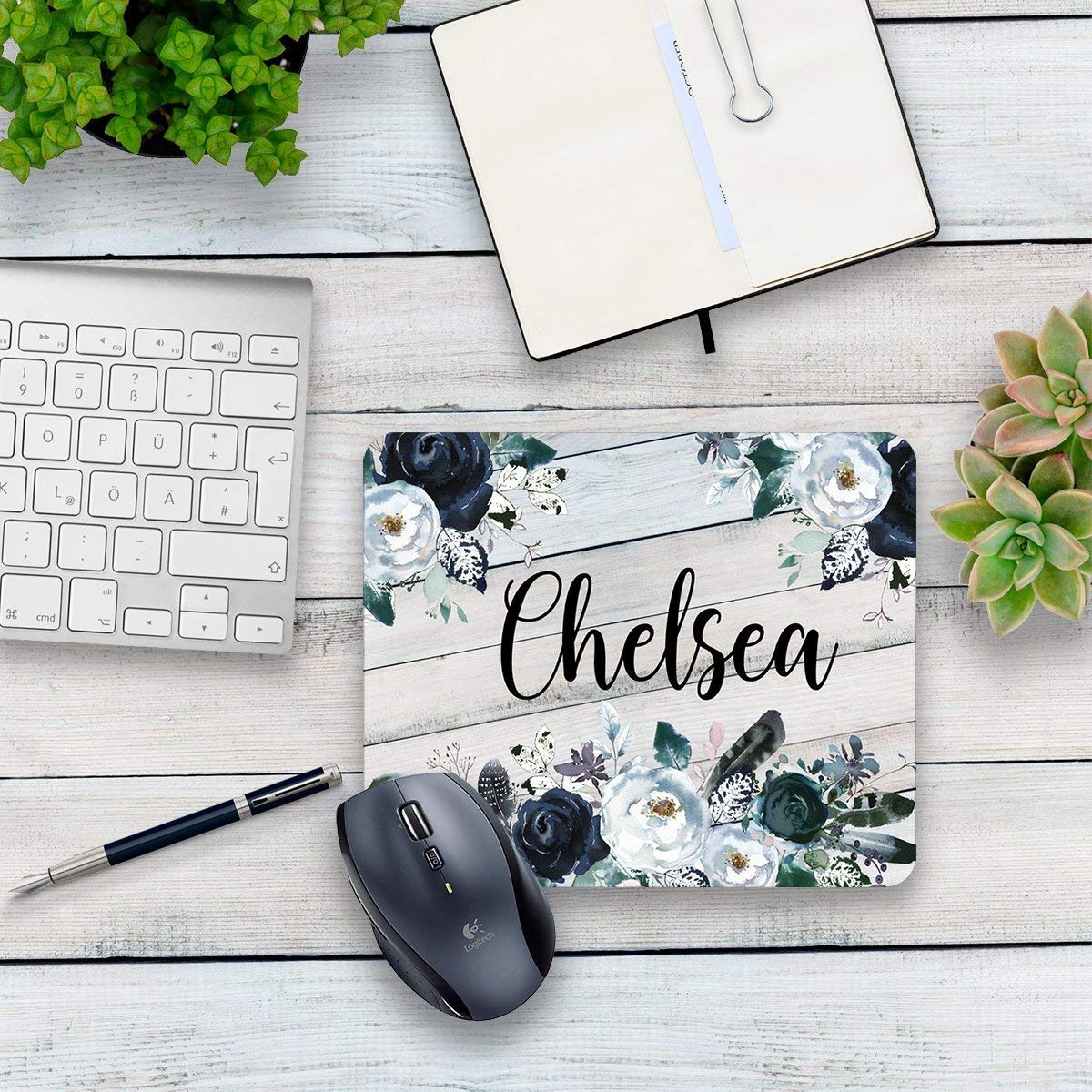 Custom Floral Mouse Pad - Navy & White Rustic Design for Office & Home Use - Perfect for Workstations, Gaming & Computer Desks