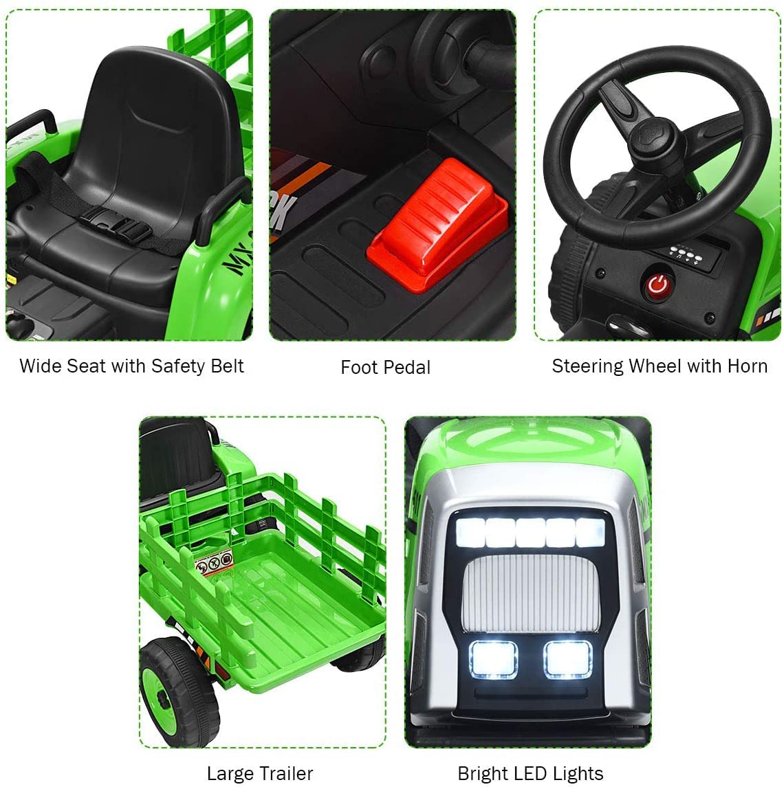 GLACER 12V Battery Powered Kids Ride on Tractor with Trailer - Remote Control Electric Toy Car for Toddlers, 3-Speed Gear Shift, LED Lights & Music - Green Ride-On Loader for Outdoor Play & Backyard Fun
