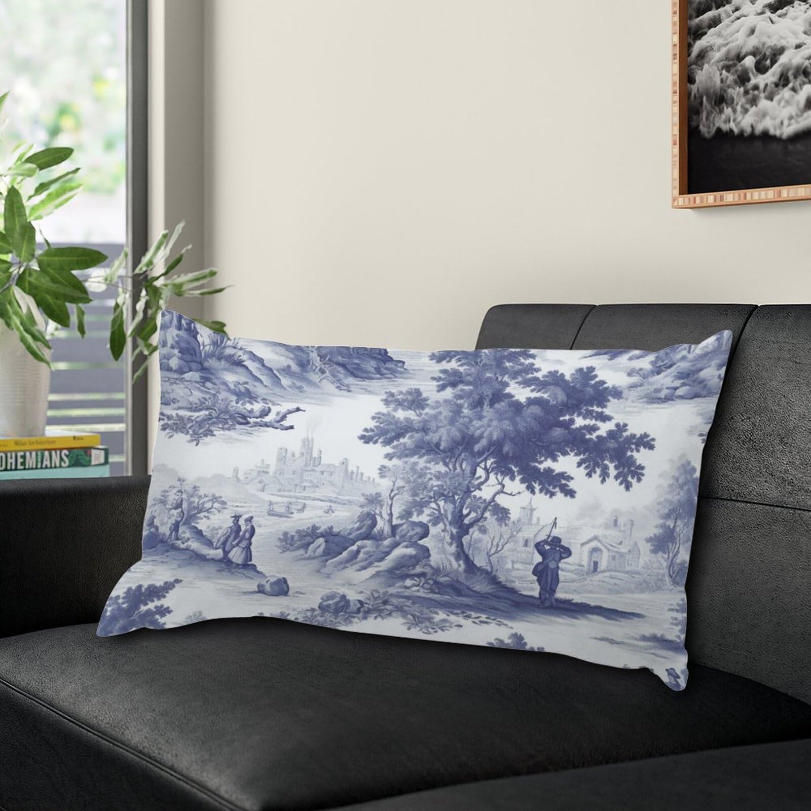 SILYHEART Decorative Toile Print Lumbar Pillow Cover - Navy White Blue French Charmed Life Design, Modern Square Cushion Cover 20x30 Inches for Sofa, Couch, Bedroom & Living Room Decor