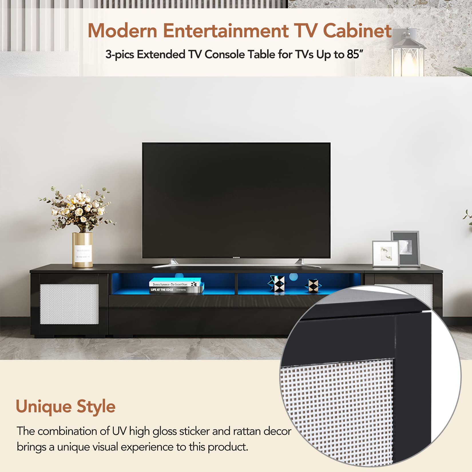 3-Piece Modern Extended TV Stand Console for TVs Up to 85 Inches - Rattan Style Entertainment Center with Color-Changing LED Lights & Push-to-Open Doors - Black - Perfect for Home Theater, Living Room & Media Room Setup