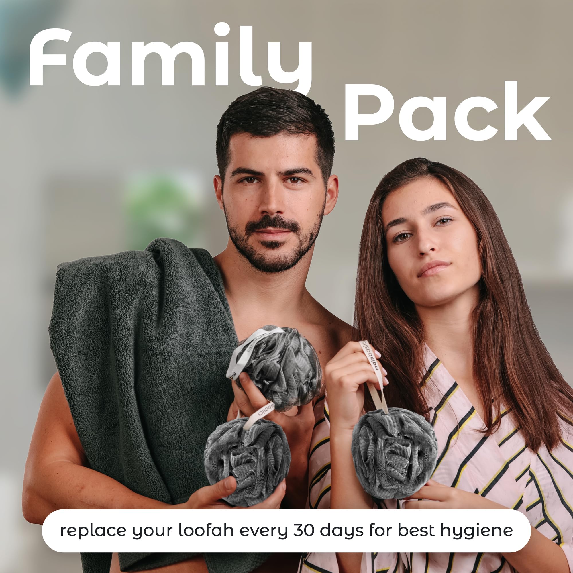 Premium Charcoal Infused Bath & Shower Loofah Sponge Pouf - Exfoliating Body Scrubber for Deep Cleansing (Set of 3) | Gentle Skin Exfoliation & Detox | Perfect for Daily Shower & Spa Day