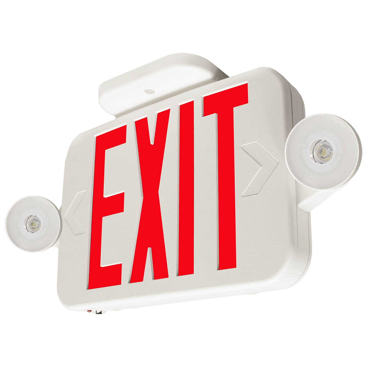 LFI Lights Compact Combo Red Exit Sign with Emergency Lights - White Housing All LED Exit Sign with 2 Adjustable Round Heads, Hardwired Battery Backup, UL Listed (1 Pack) COMBOJR-R - Perfect for Offices, Schools, Hospitals and Commercial Buildings