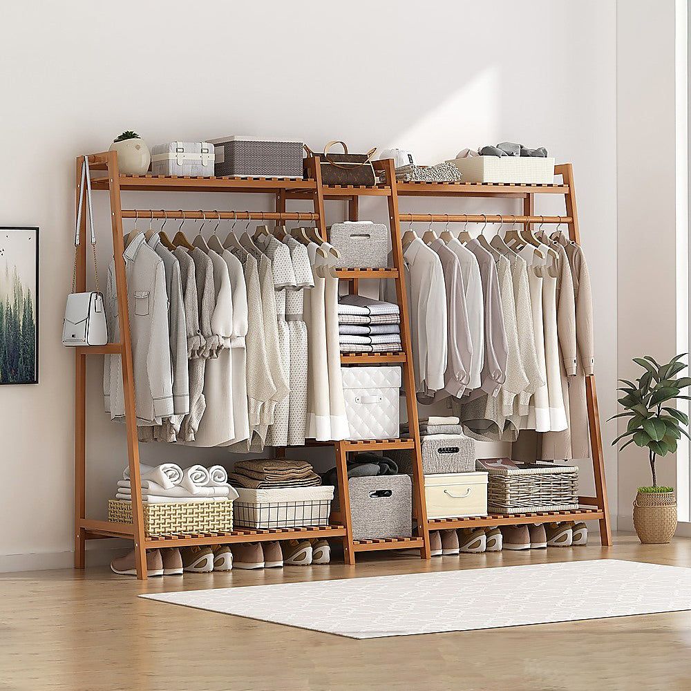 Portable Bamboo Clothes Rack - Adjustable Garment Stand with Hanging Rod for Closet, Bedroom & Laundry Room | Space-Saving Wardrobe Organizer for Drying Clothes & Storing Coats