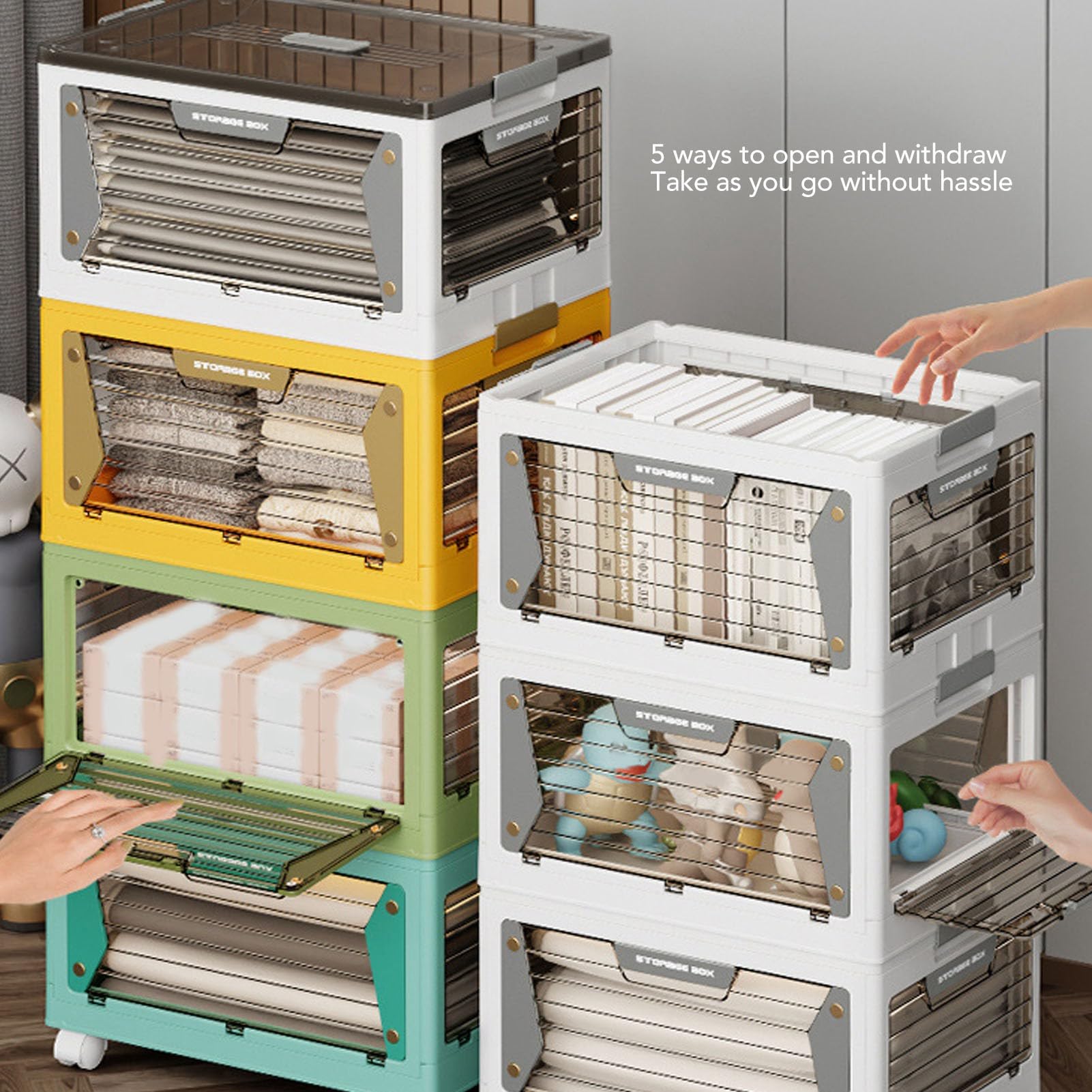 Stackable Folding Storage Bins with Magnetic Suction & Wheels - 3-Tier Organizer Box for Home, Office, Closet & Kitchen Organization - Space Saving Storage Container for Toys, Clothes & Household Items