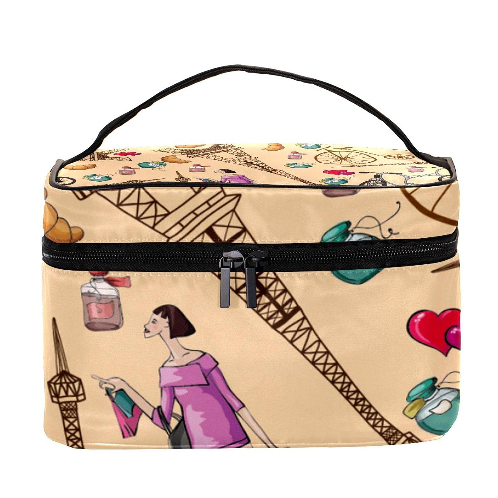 Stylish Cartoon Paris Eiffel Tower Perfume Heart Travel Makeup Bag - Large Cosmetic Organizer with Zipper for Women & Girls | Perfect for Travel, Gym, and Daily Essentials Storage