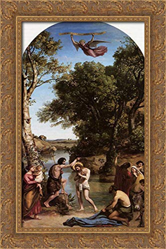 Jean Baptiste Camille Corot 'The Baptism of Christ' 16x24 Inch Gold Ornate Wood Framed Canvas Art - Perfect for Church Decor, Christian Home Wall Art & Religious Gift
