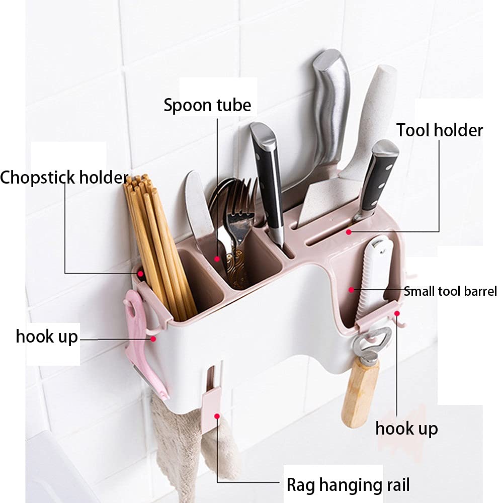 Stainless Steel Utensil Holder with 2 Hooks - Wall Mount Chopsticks & Flatware Organizer Rack for Spoon, Fork, Knife - Detachable Drying Box for Kitchen Countertop or Cabinet Storage