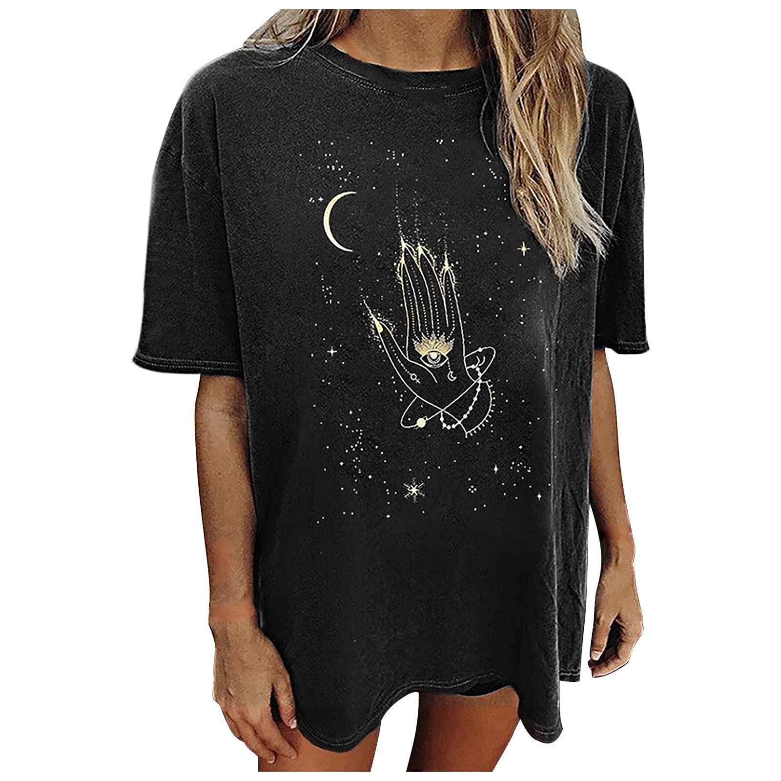 Vintage Oversized Women's T-Shirts - Casual Short Sleeve O-Neck Blouse with Moon & Sun Print | Perfect for Summer Outfits, Beach Days & Casual Wear