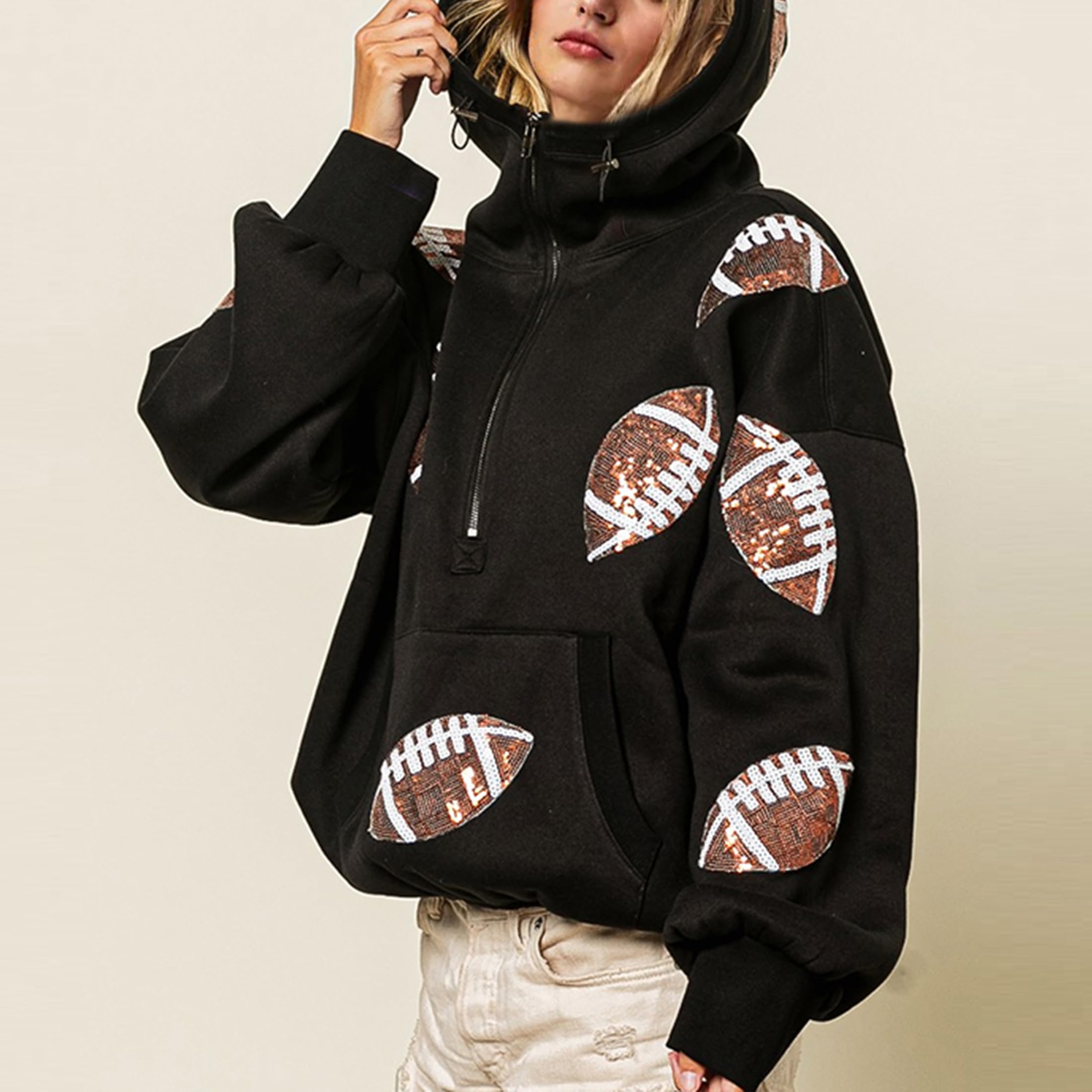 SeekMe Women's Football Game Day Sequin Hoodie - Long Sleeve Zipper Sweatshirt with Pocket for Tailgate Parties, Sports Events & Casual Wear