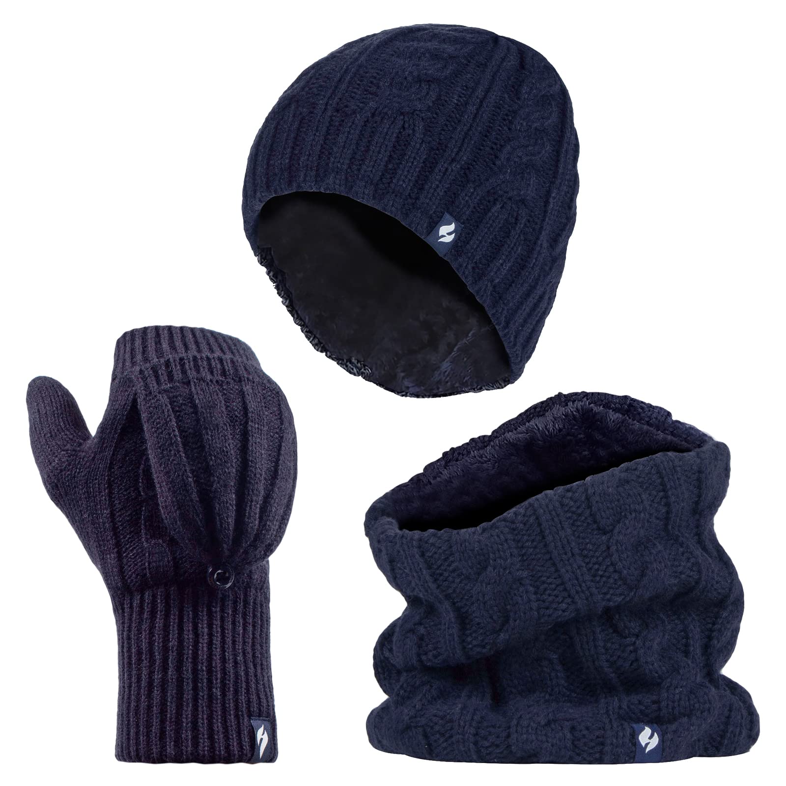 Heat Holders Women's Thermal Winter Fleece Cable Knit Hat, Neck Warmer & Convertible Gloves Set - Cold Weather Accessories for Skiing, Snowboarding & Outdoor Activities