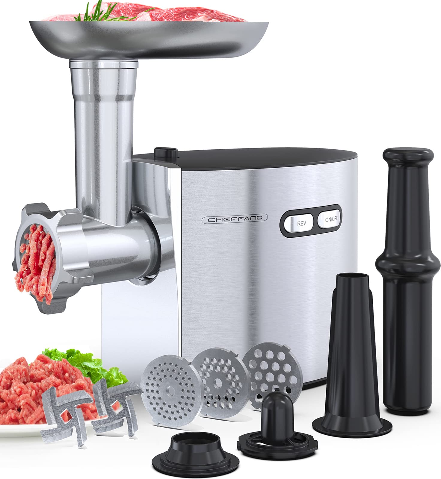 CHEFFANO 2600W Electric Meat Grinder - Heavy Duty Stainless Steel Food Mincer with 2 Blades, 3 Grinding Plates, Sausage Stuffer & Kubbe Kit - ETL Certified for Home Kitchen & Commercial Use - Perfect for Grinding Beef, Pork, Making Sausages & Homemade Pet Food