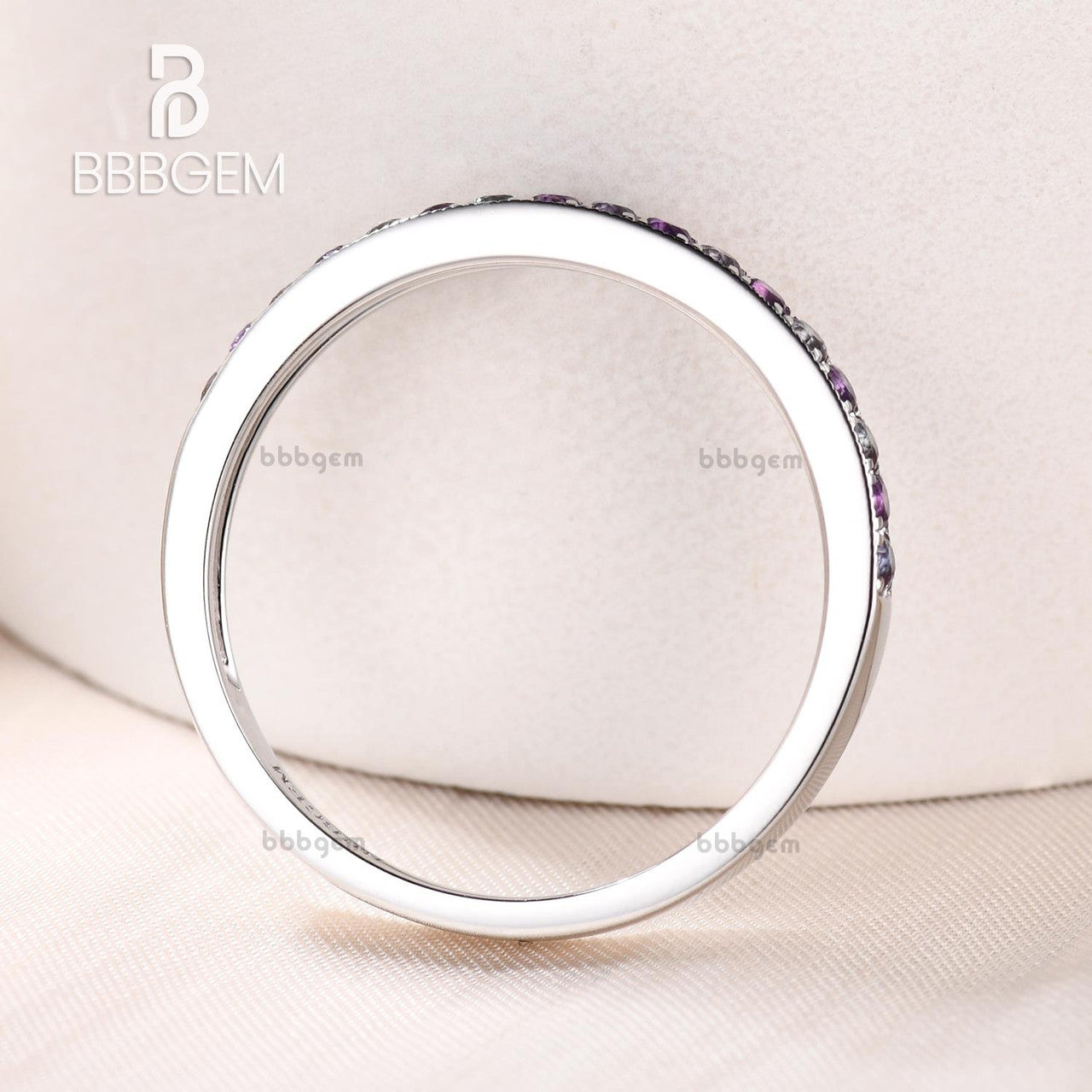 Milgrain Channel Set Half Eternity Band - Aquamarine & Amethyst Birthstone Ring for Women | Wedding, Anniversary, Birthday Gift Jewelry