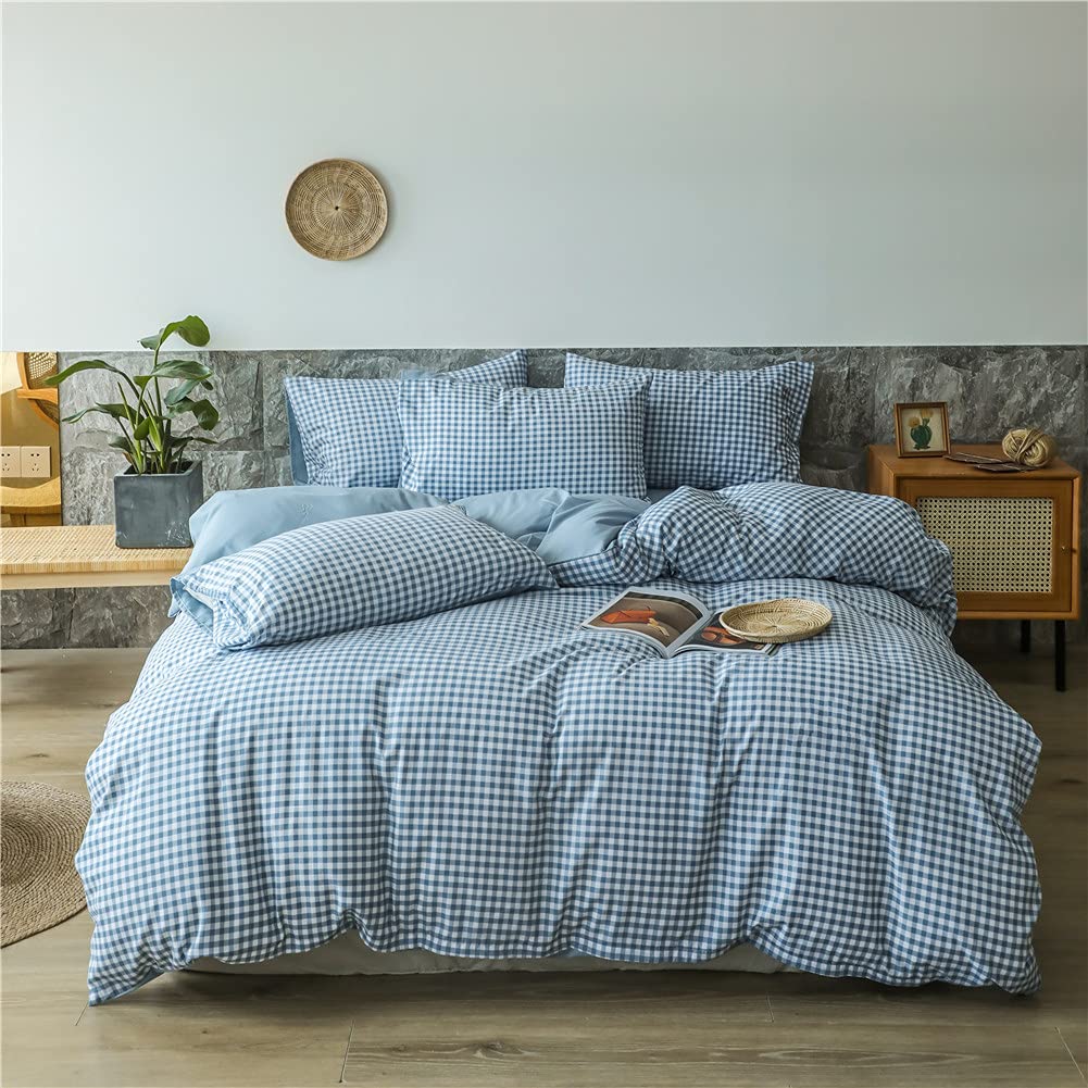 NSNLGSGC Queen Duvet Cover Set - Soft Breathable Grid Blue Washed Comforter Cover | Lightweight Bedding Set (3PCS, Queen Size) for Cozy Bedroom Decor & Guest Room Essentials