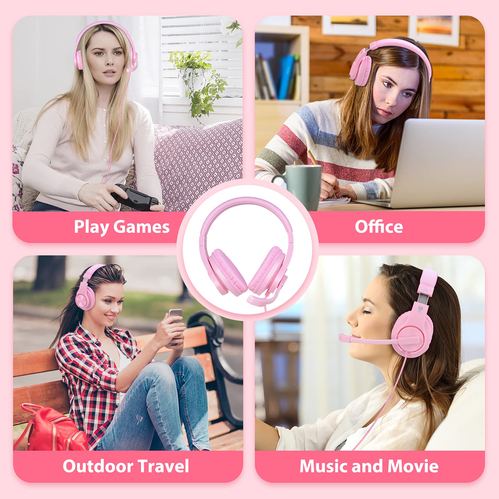 Kriogor Pink Gaming Headset for Girls with Microphone - 3.5mm Wired PC Headphones Compatible with PS4, Xbox One, Laptop & Computer - Perfect for Online Gaming, Streaming & Video Calls