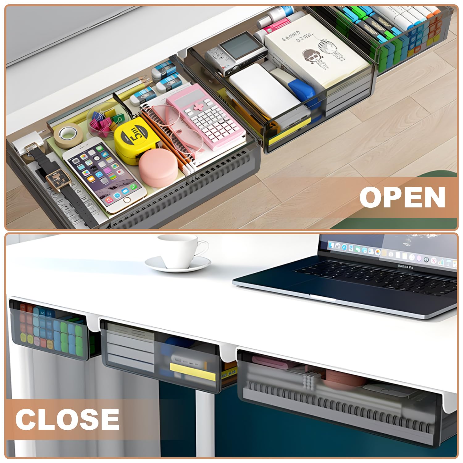 Under Desk Drawer Organizer Set - 3 Pack Slide-Out Storage Trays (Large, Medium, Small) for Office Supplies, Stationery & Accessories - Space-Saving Hidden Desktop Organizer with Easy Installation - Perfect for Home Office, Study Desk & Workspace Organization