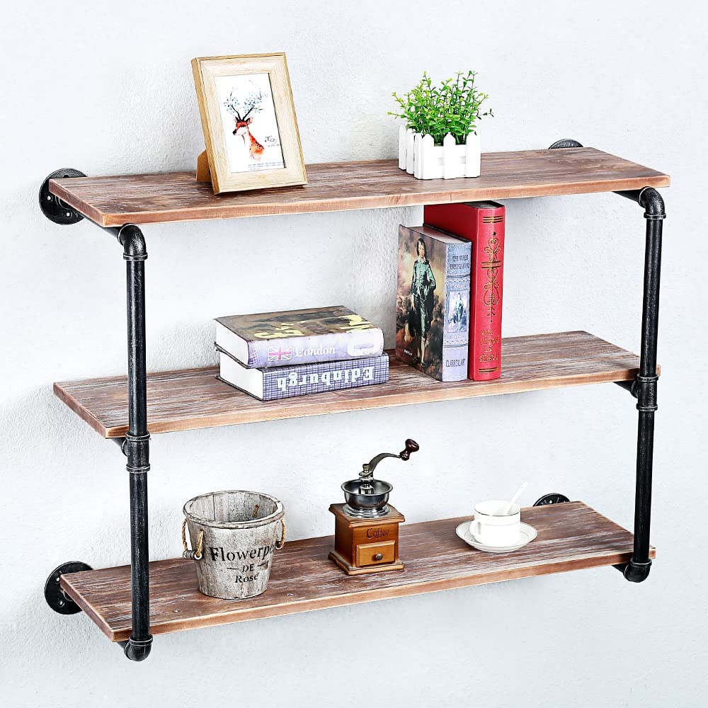 Industrial Pipe Floating Shelves with Wood Shelf - 3 Tier 36 Inch Wall Mounted Metal Shelving for Books & Decor | Perfect for Living Room, Bedroom & Office Storage