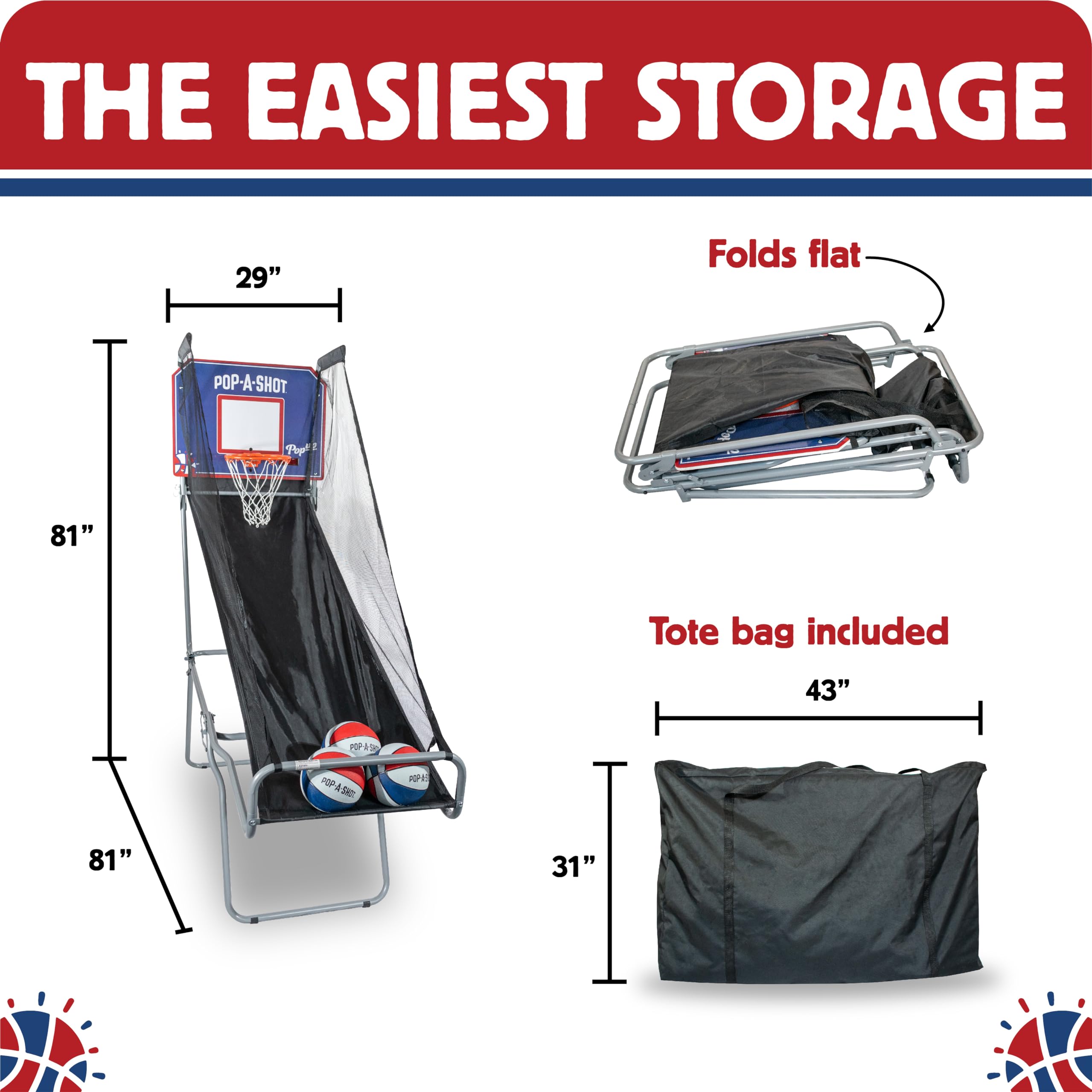 Pop-A-Shot Portable Basketball Game - Foldable Arcade Hoop with Infrared Scoring System & 3 Balls - Perfect for Indoor, Outdoor & Travel Fun - Includes Carry Tote Bag