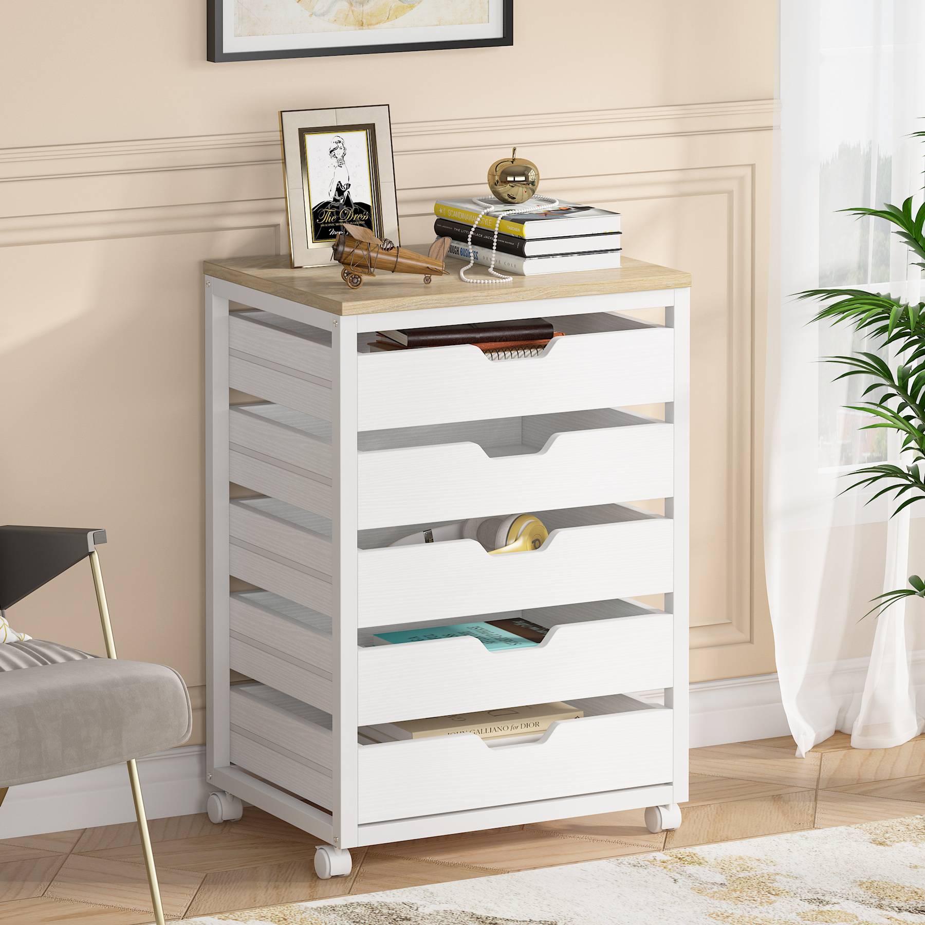 5/7 Drawer Wooden Storage Dresser Cabinet with Wheels - Perfect for Bedroom, Living Room & Office Organization
